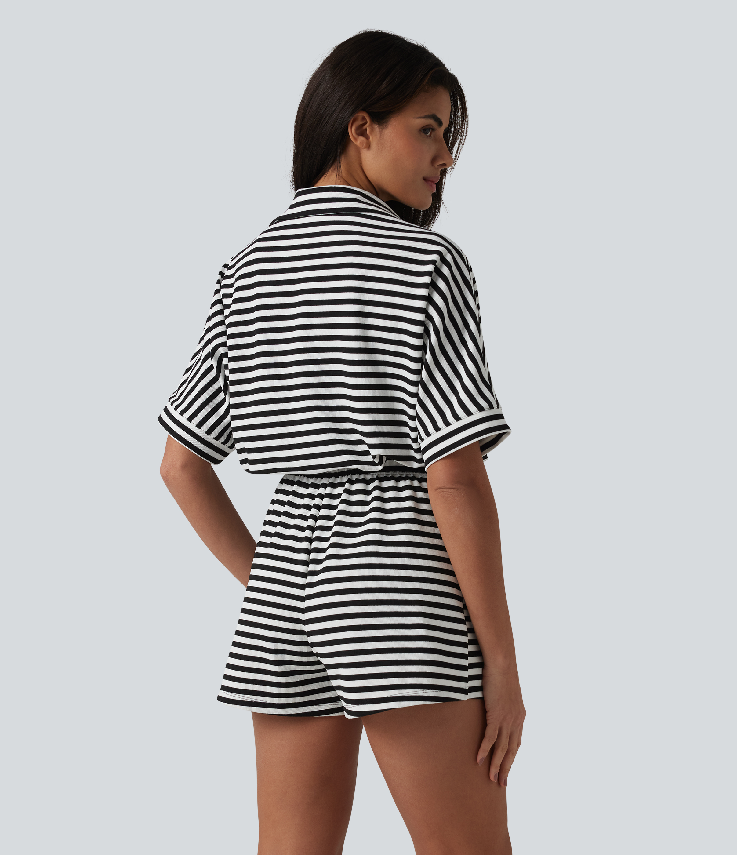 Black White Horizontal Stripe Kurzarm-Overall mit Gürtel, gestreiftem Waffelstoff und Taschen - Easy Peezy-Edition / 2
