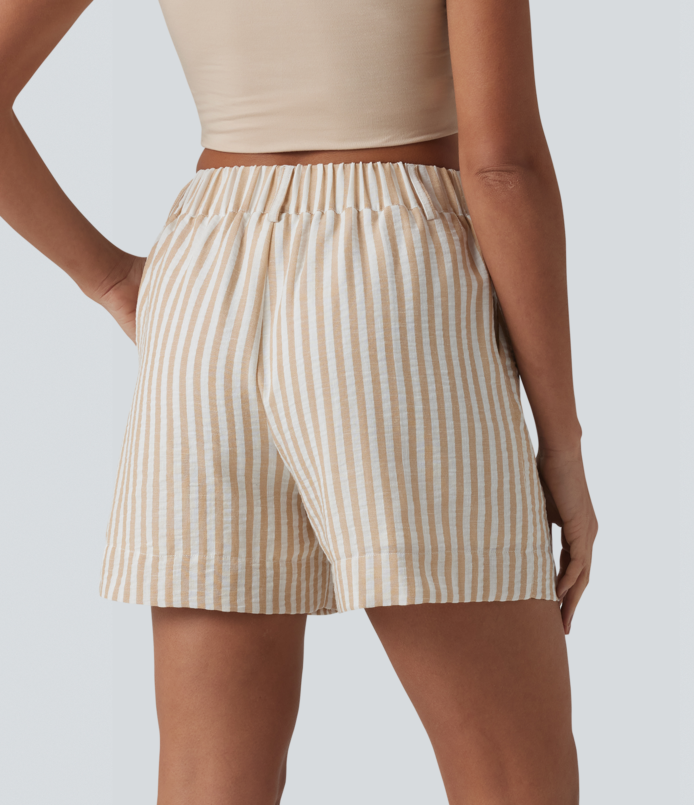 Oatline High Waisted Stripe Casual Linen-Feel Shorts with Pockets / 2