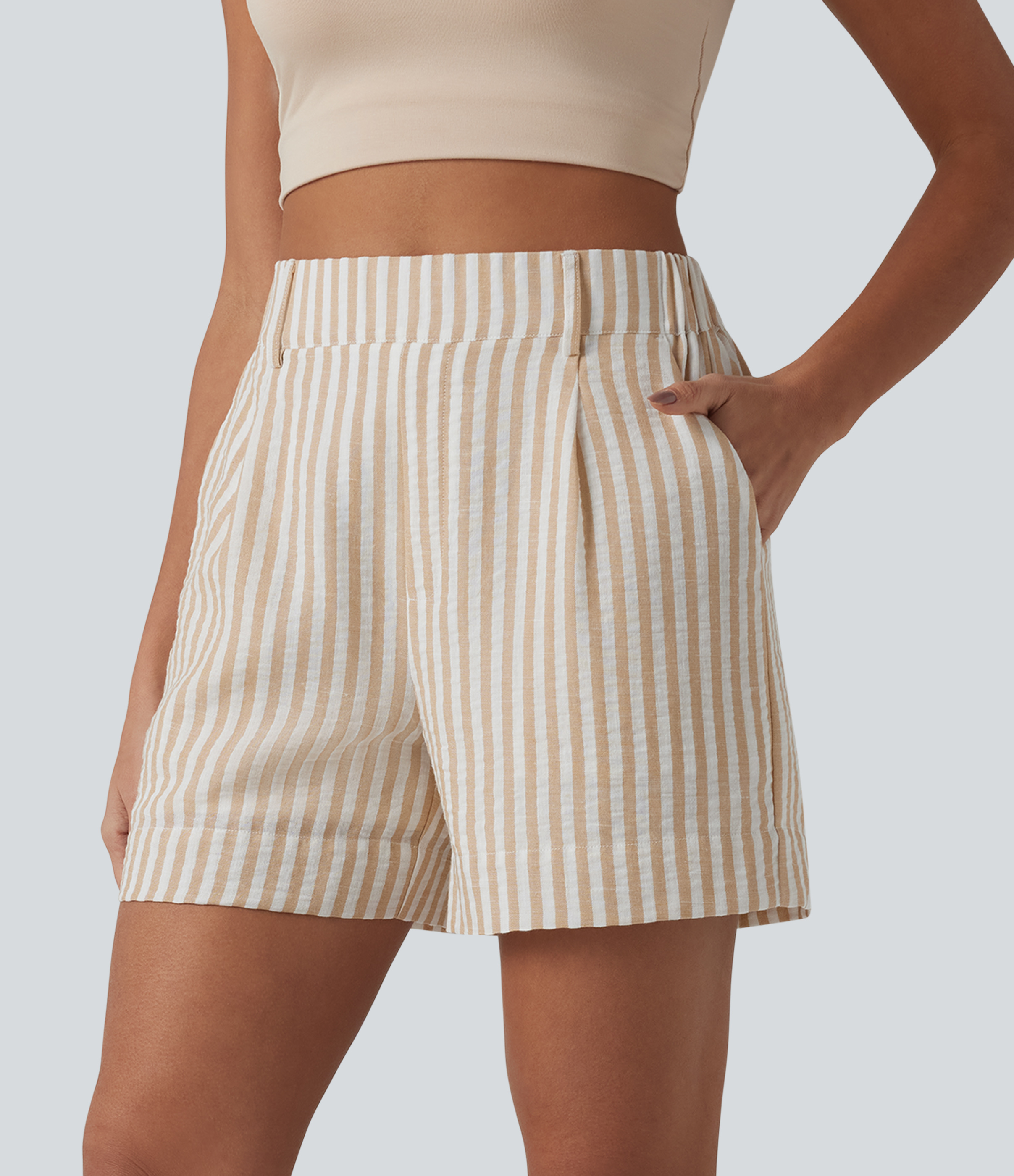 High Waisted Stripe Casual Linen-Feel Shorts with Pockets