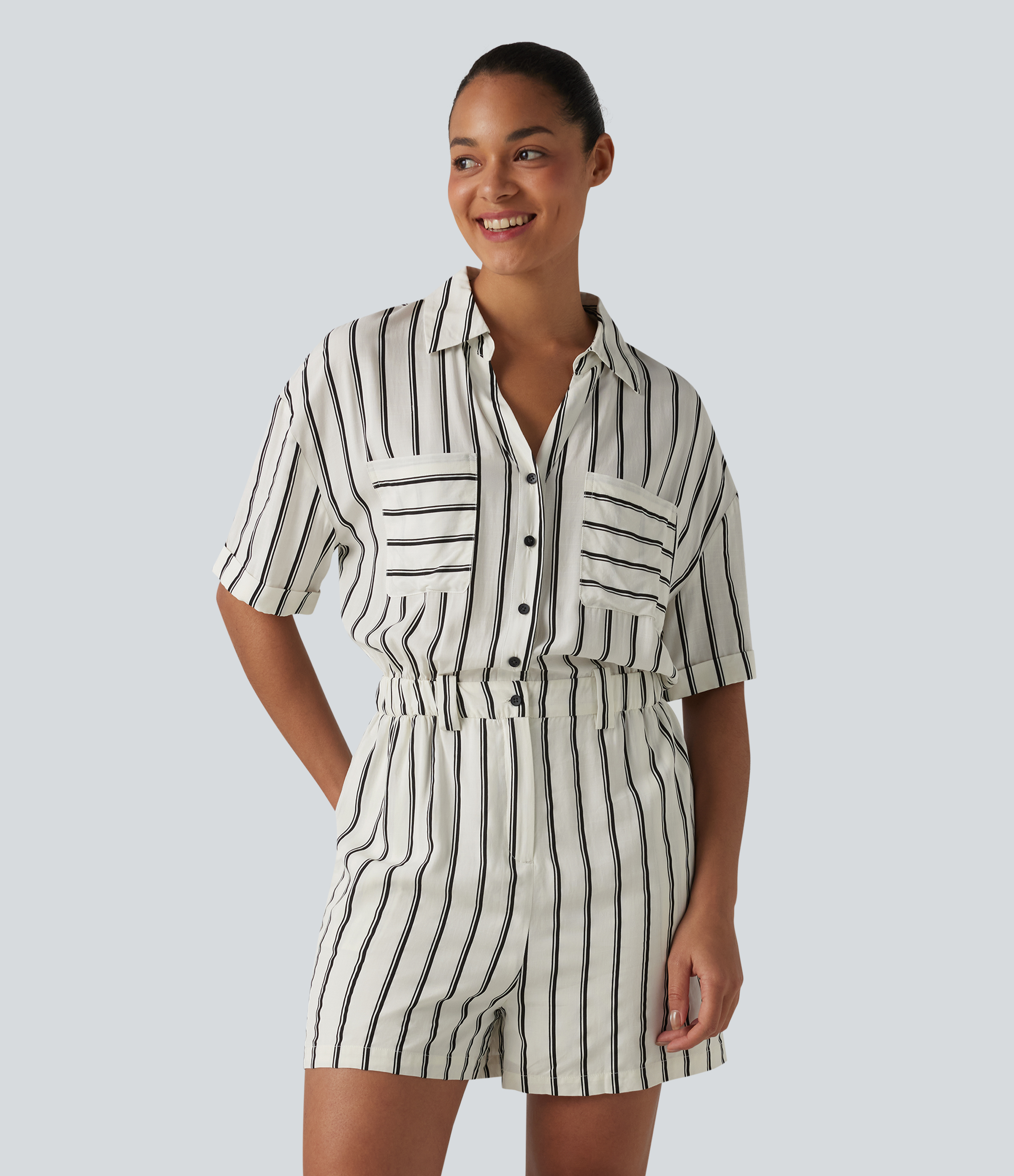 Short Sleeve Stripe Casual Shirt Playsuit with Pockets