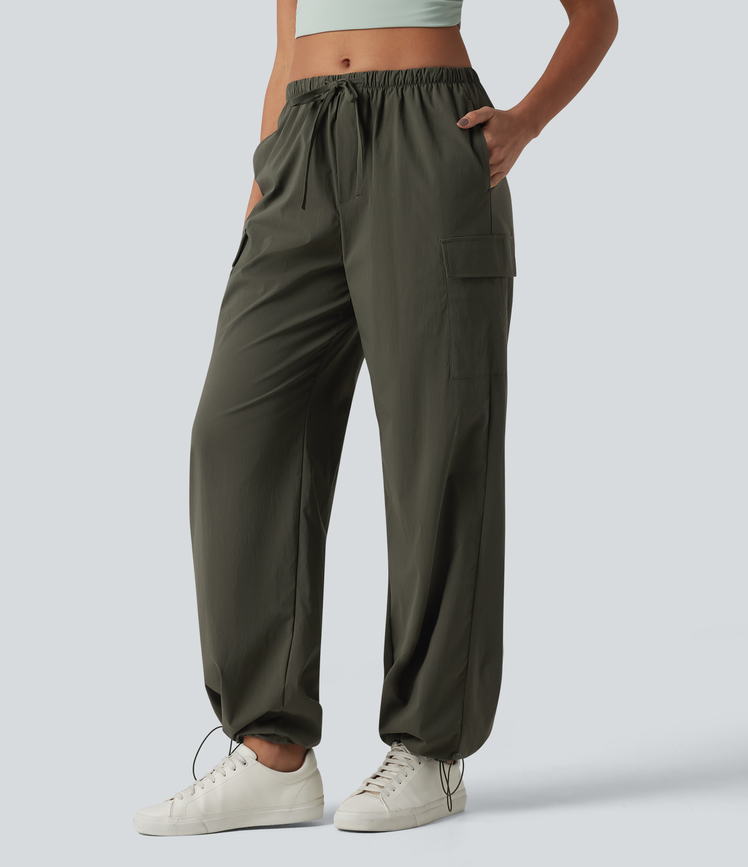 Mid Rise Drawstring Straight Leg Casual Cargo Pants with Pockets