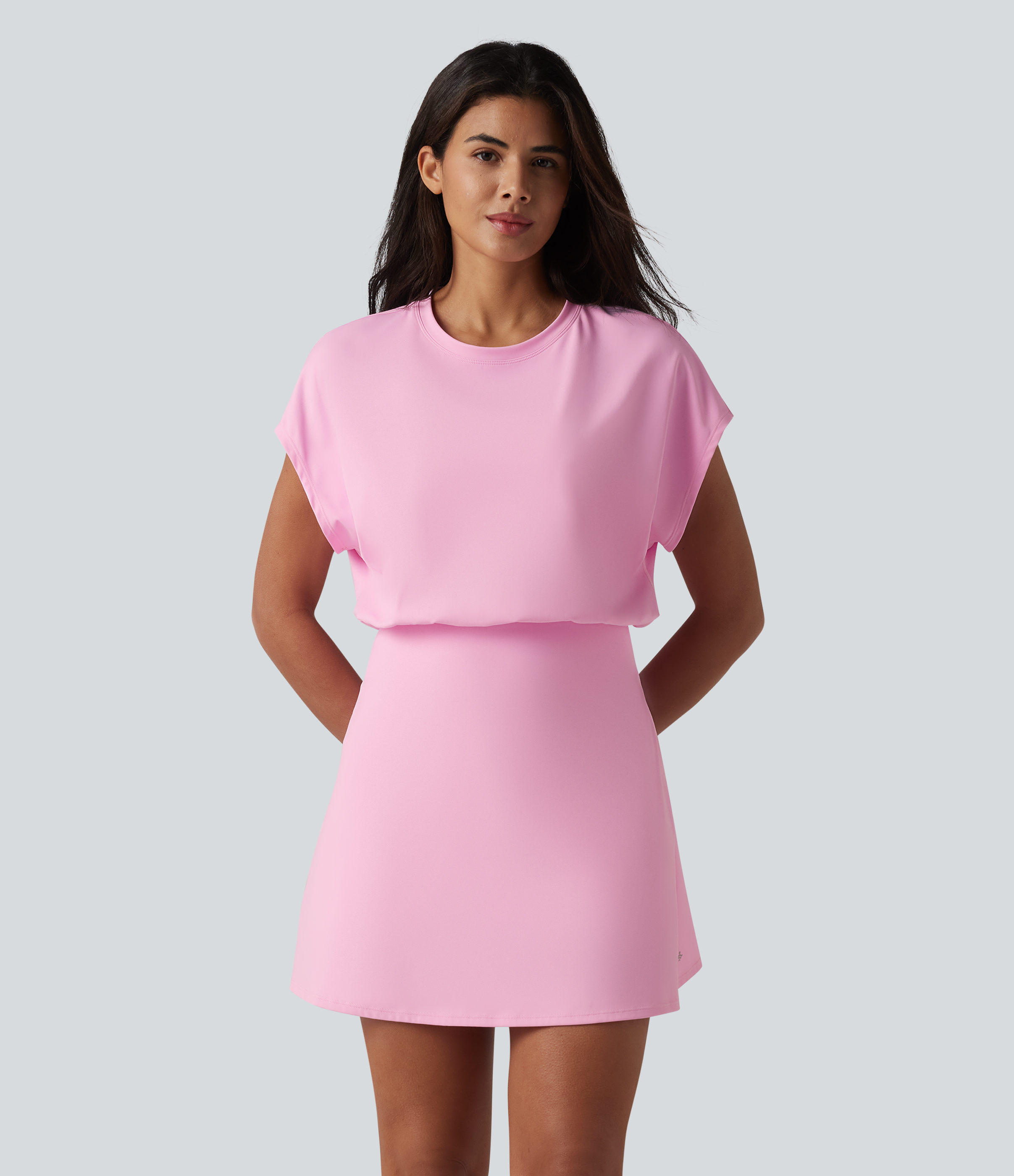 SoftlyZero™ Airy Round Neck Short Sleeve 2-in-1 InstantCool Mini Yoga Active Dress with Pockets-Easy Peezy Edition