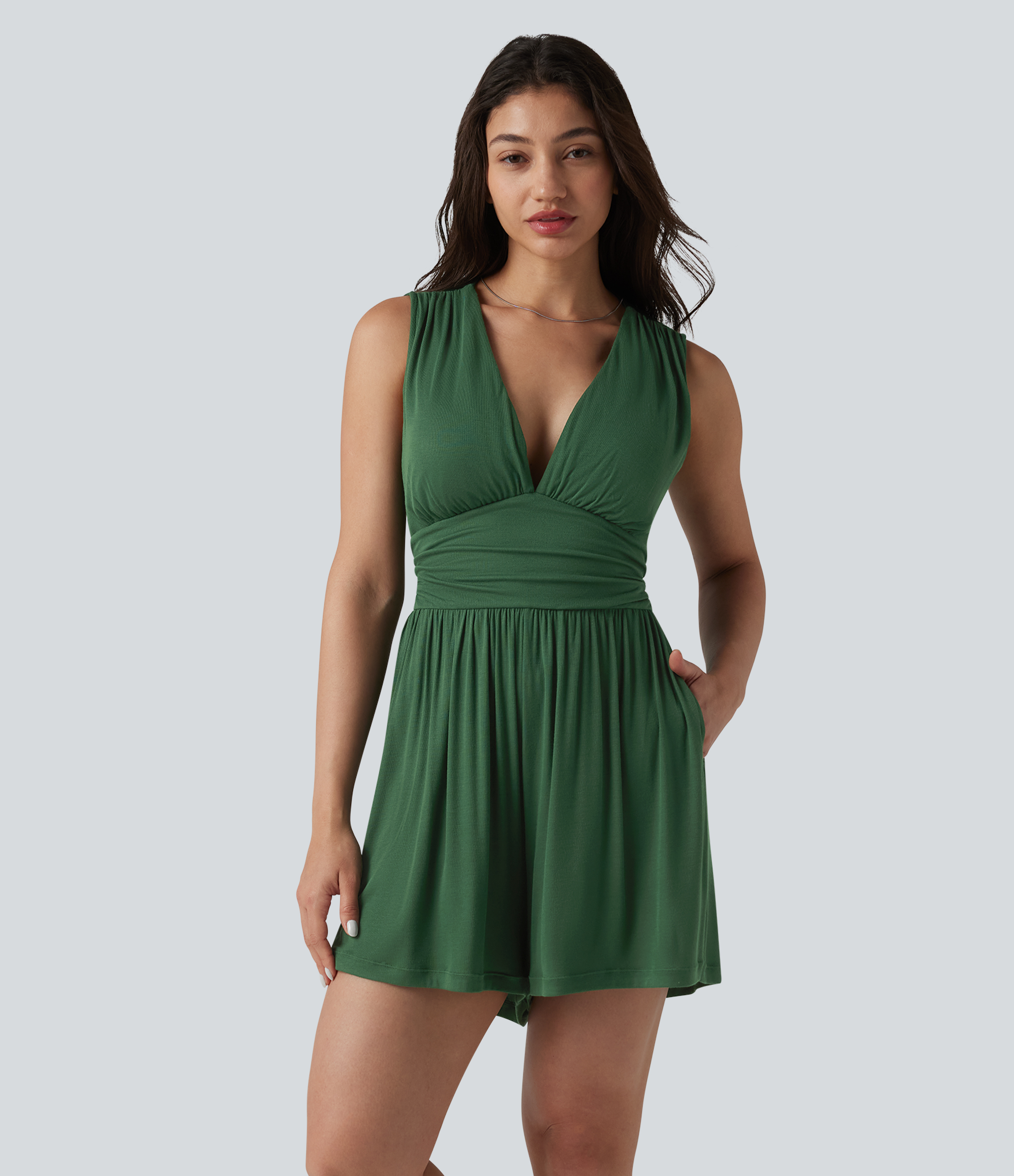 Ribbed V-neck Sleeveless Ruched Built-in Bra Casual Romper with Pockets-Easy Peezy