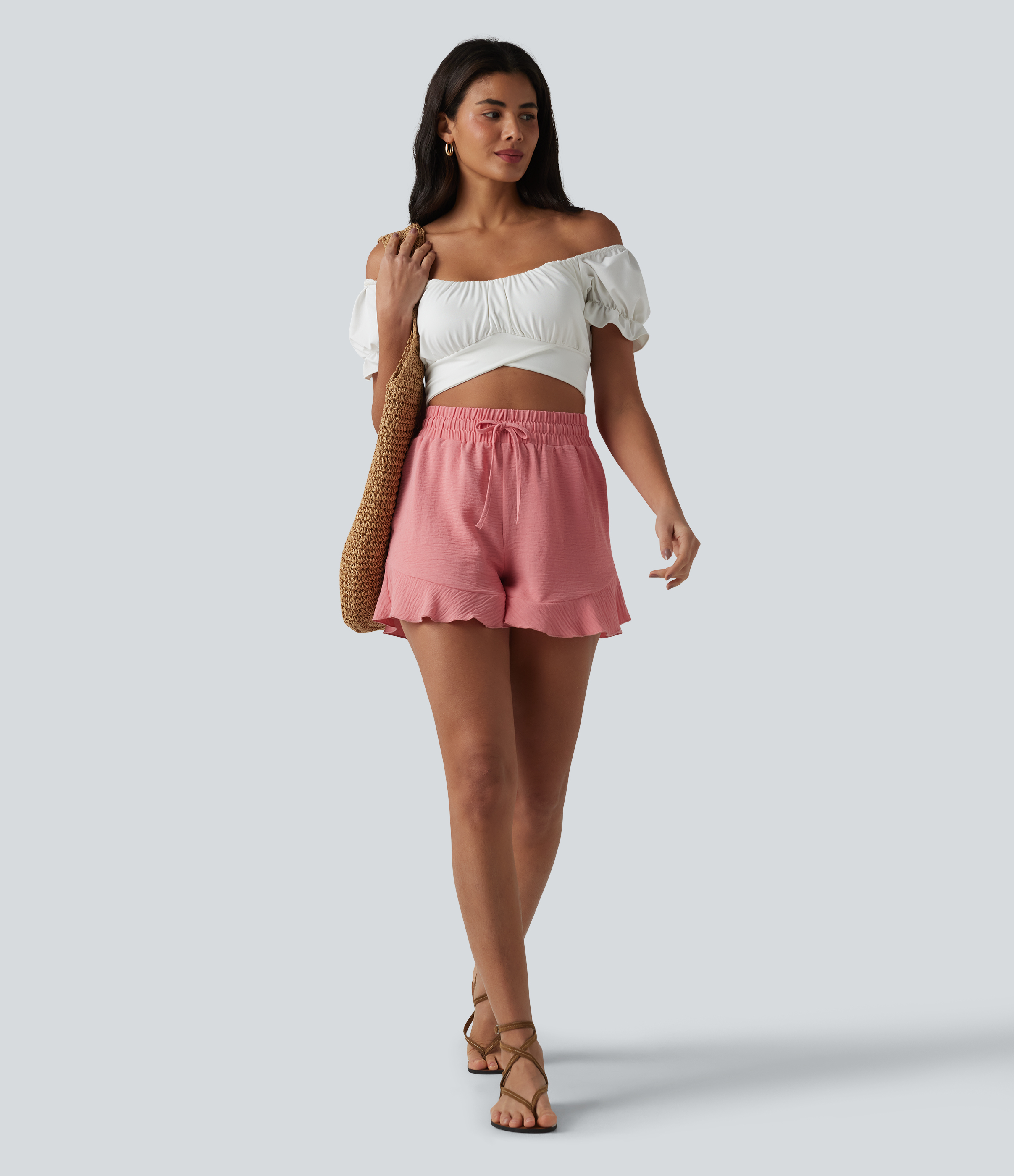 Women's High Waisted Drawstring Ruffle Hem Linen-Feel Resort Baggy