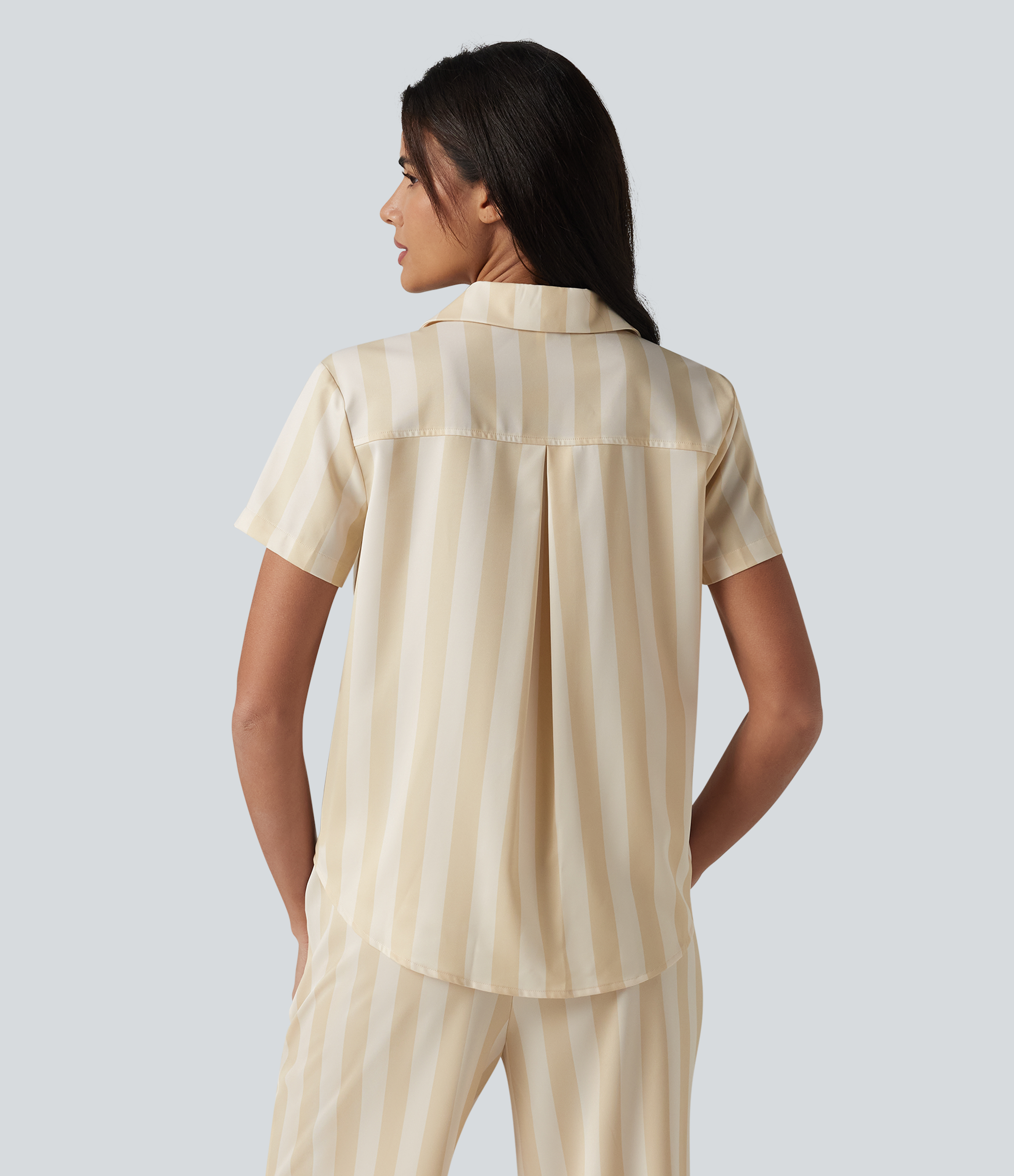 Oatmeal Stripe T-shirt de détente à rayures, manches courtes, avec poche / 2