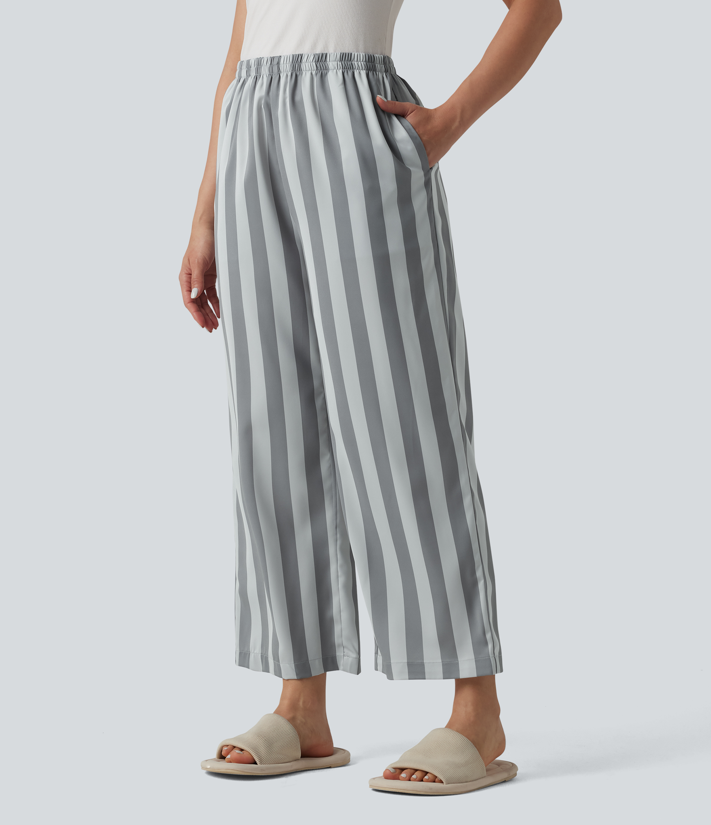 Pantalon d'intérieur droit taille haute à rayures, avec poches