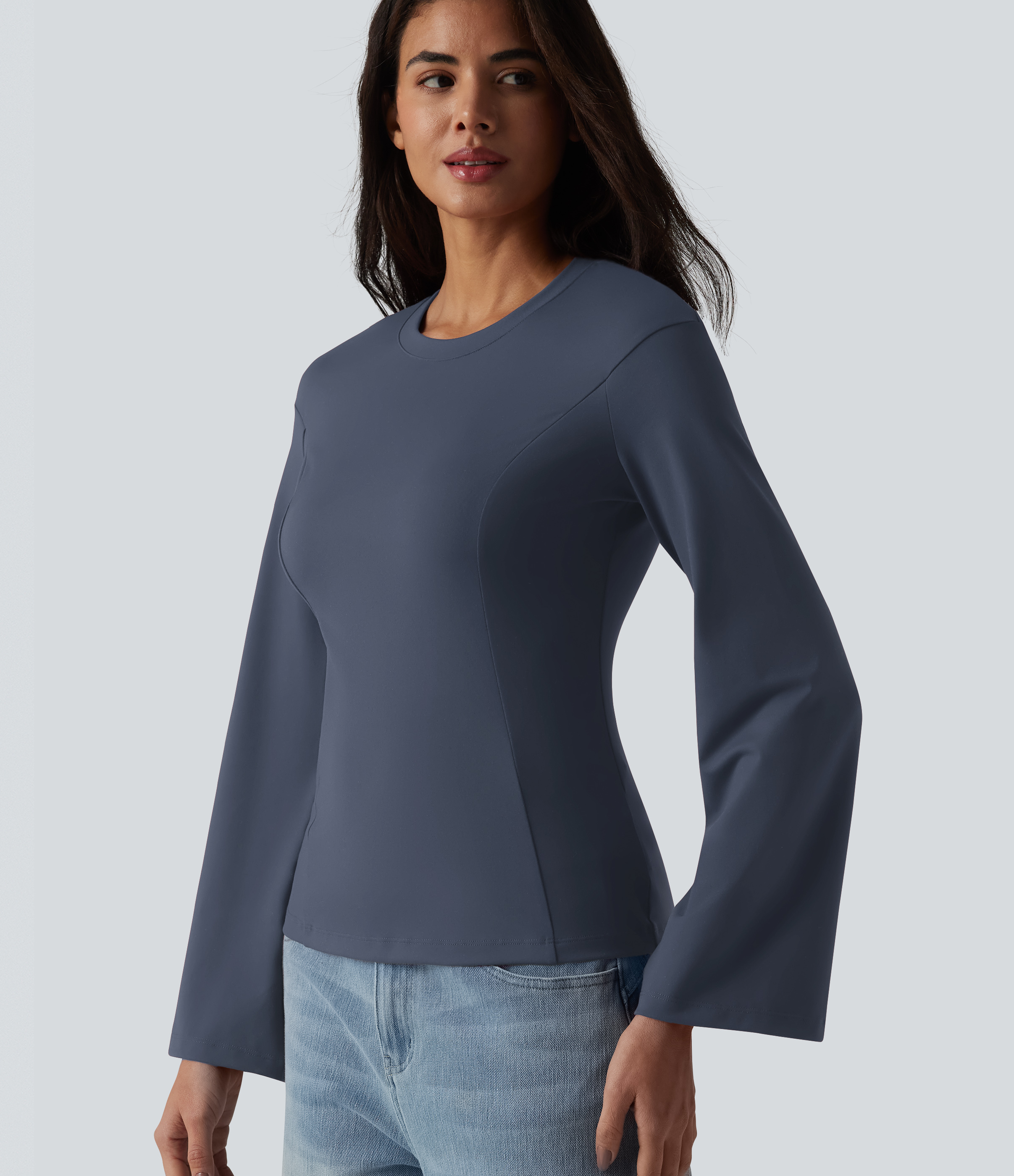Round Neck Bell Long Sleeve Casual Top