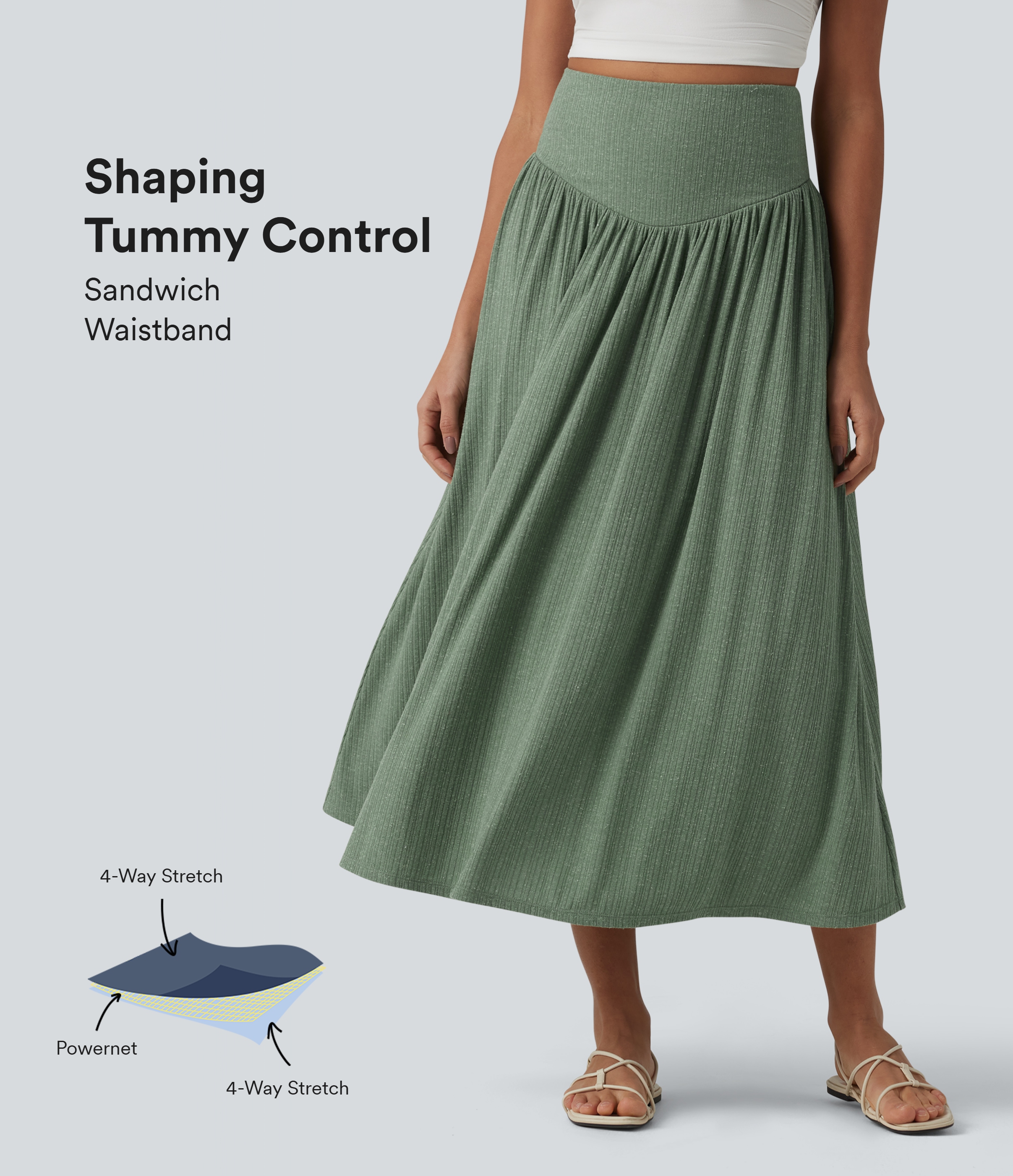 Ribbed Knit High Waisted Tummy Control Flowy Midi Casual Linen-Blend Skirt