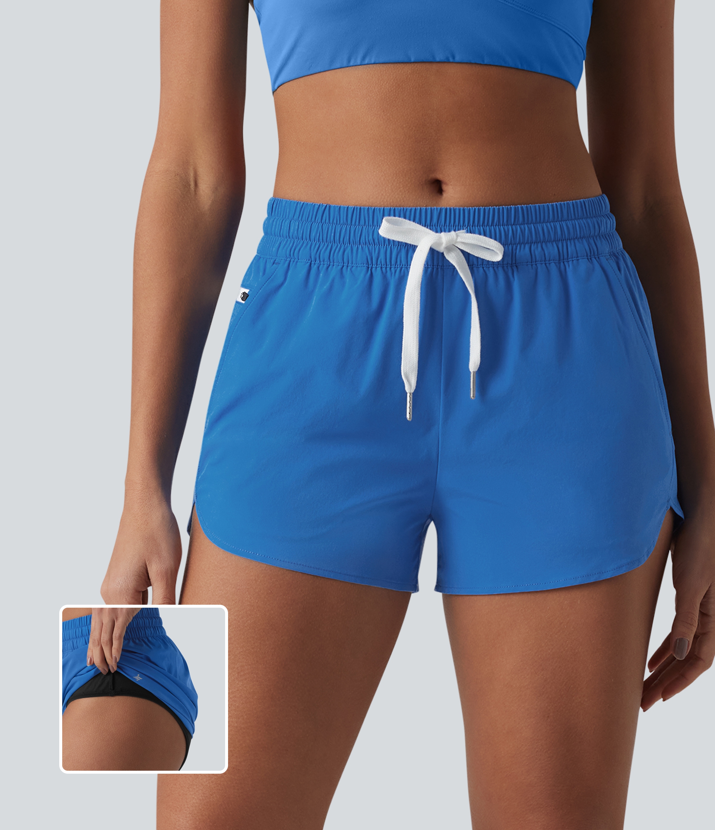 Breezeful™ Mid Rise Drawstring Curved Hem Built-in Underwear Quick Dry Running Shorts with Pockets