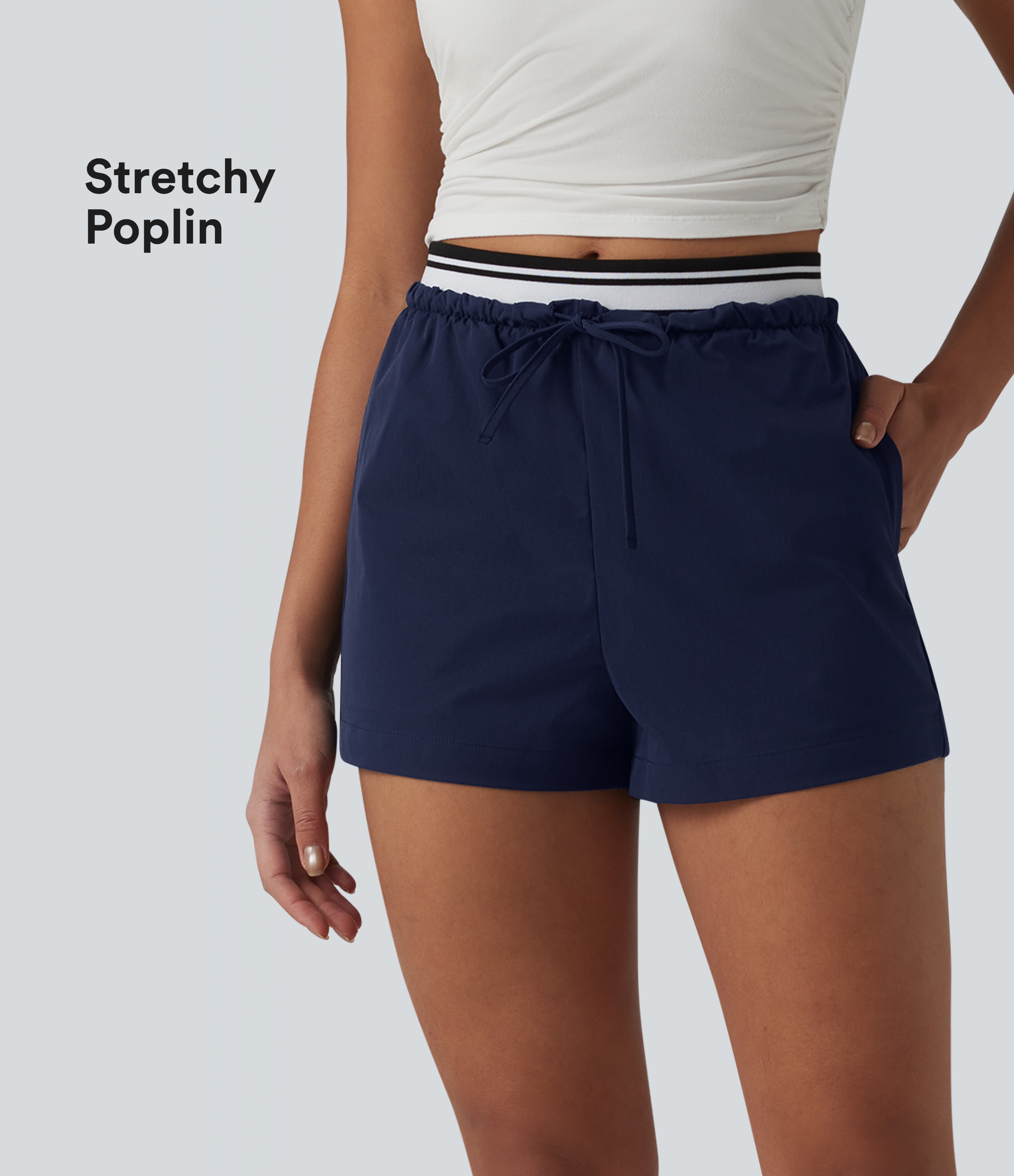 Mid Rise Color Block Drawstring Stretchy Poplin Casual Shorts with Pockets