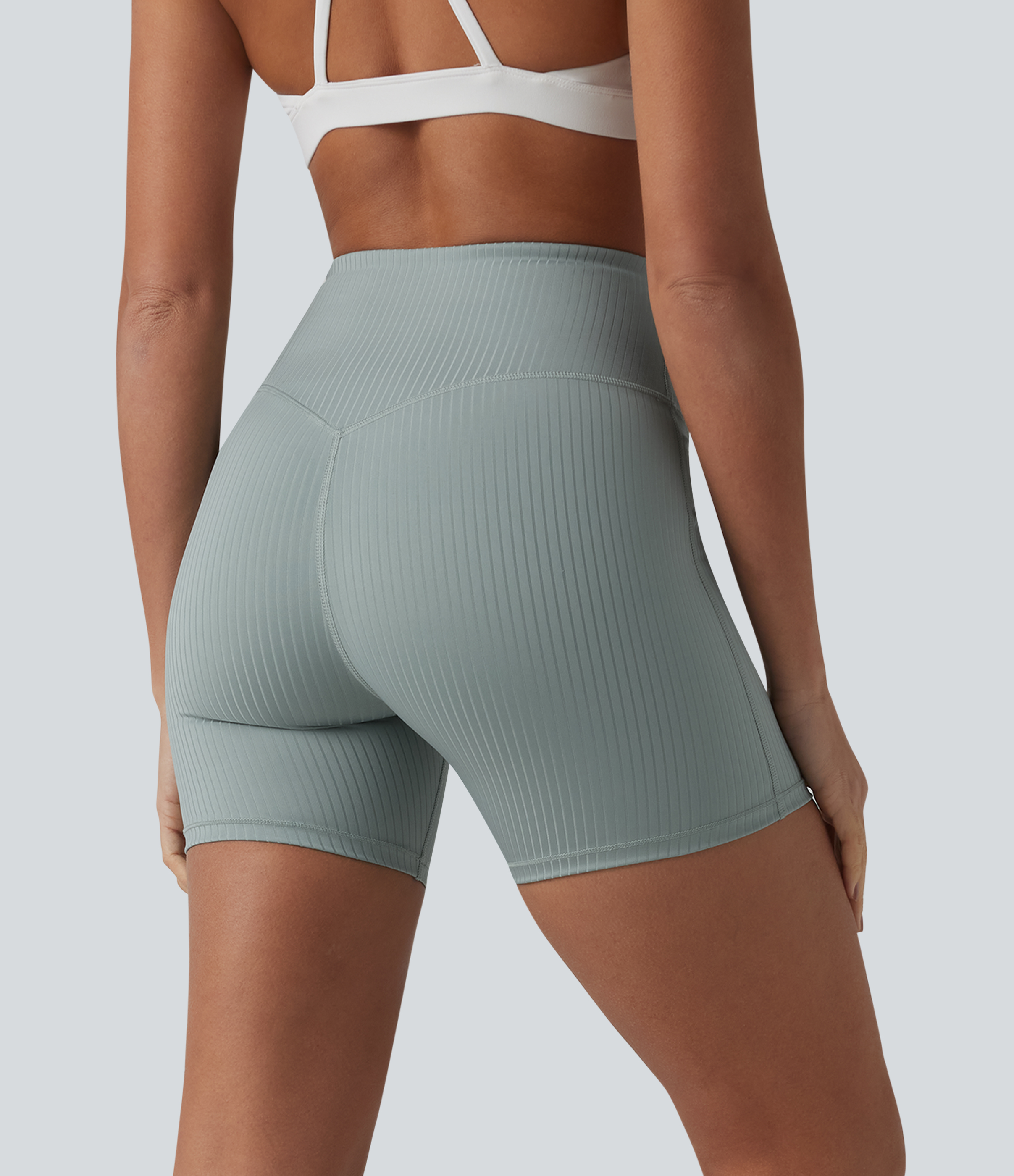 Silver Blue Ribbed Knit High Waisted Yoga Biker Shorts 5'' with Pocket / 2