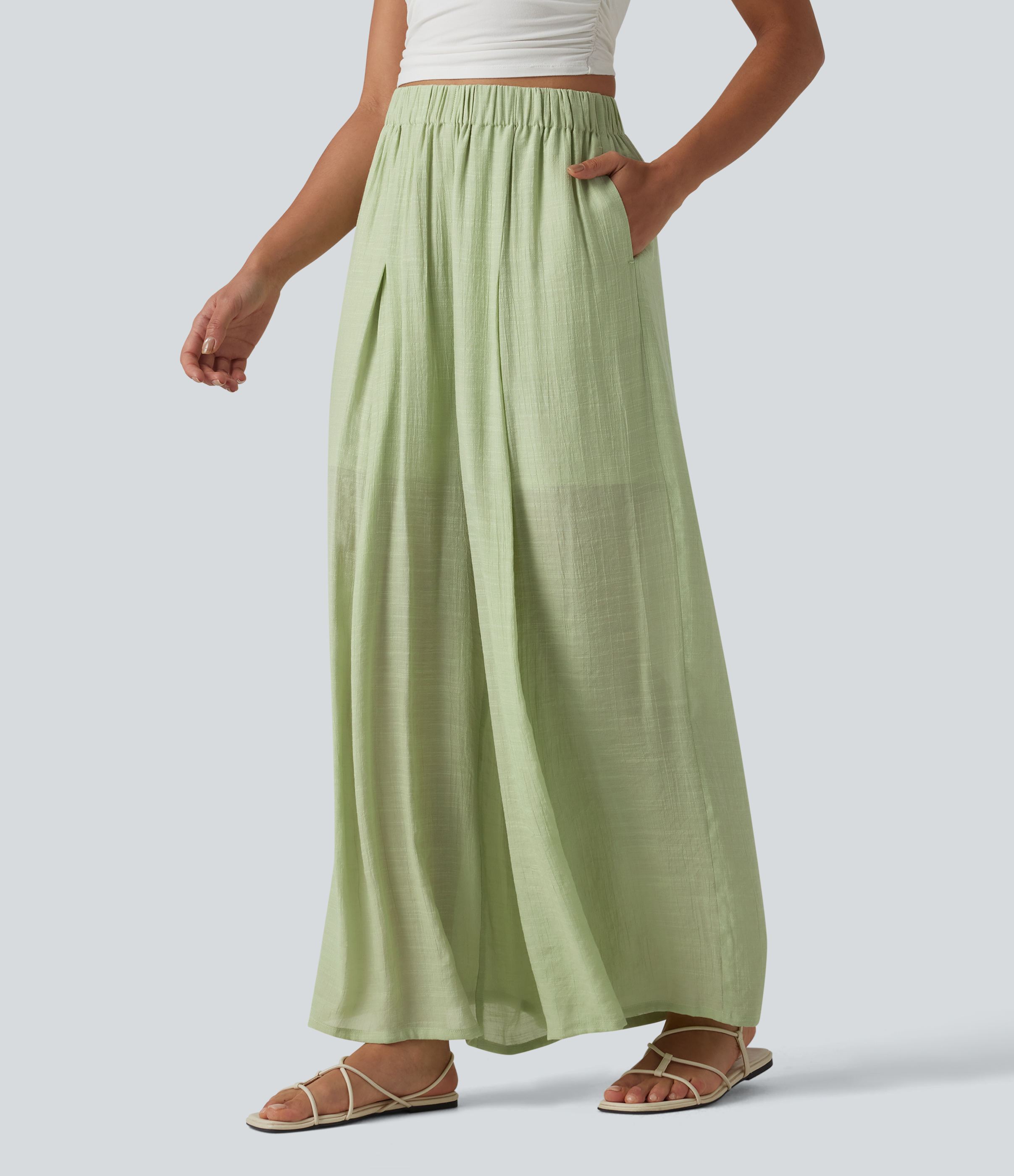 Pantalon large fluide décontracté taille haute aspect lin avec poches