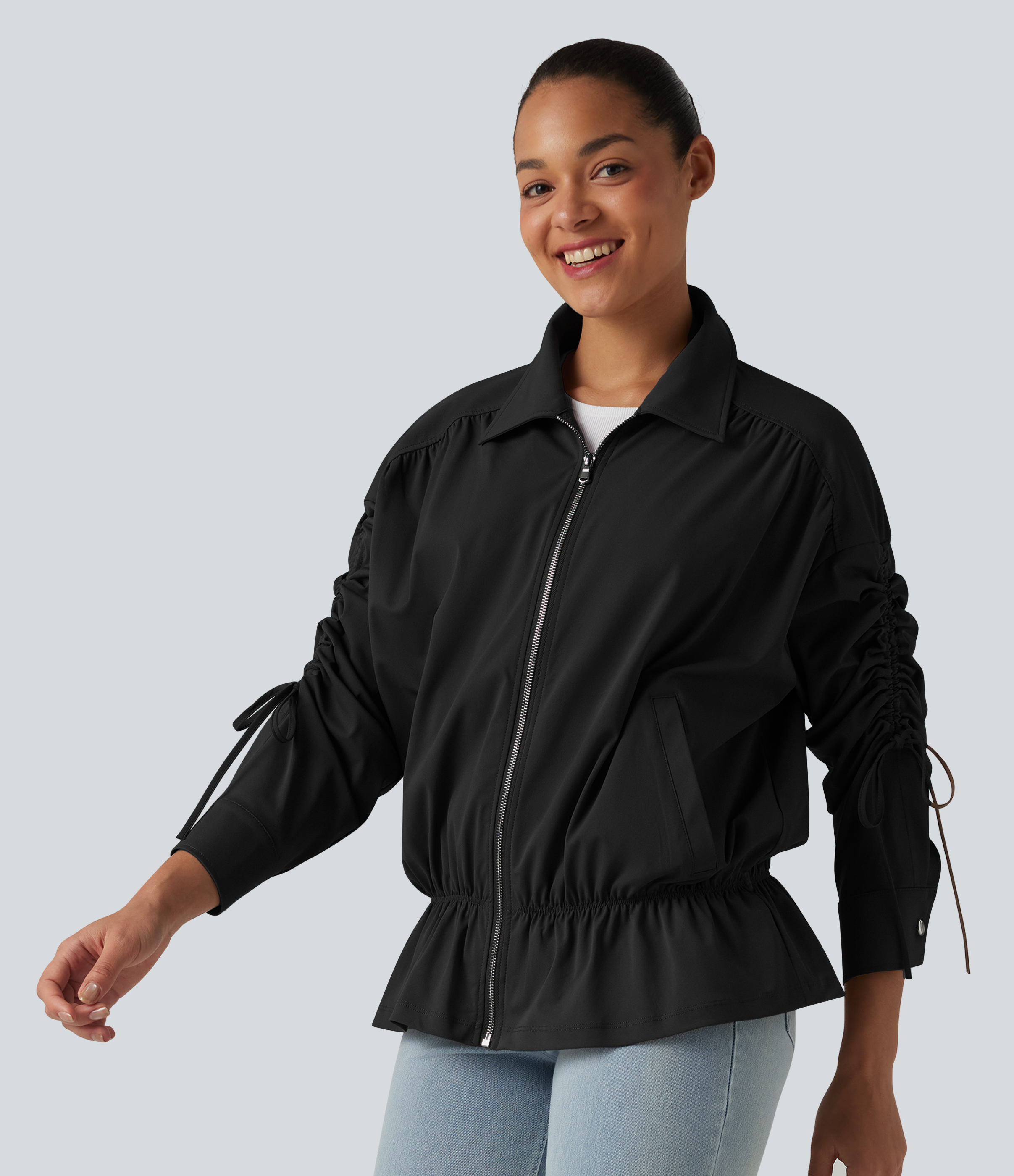 Long Sleeve Drawstring Ruffle Hem Casual Jacket with Pockets