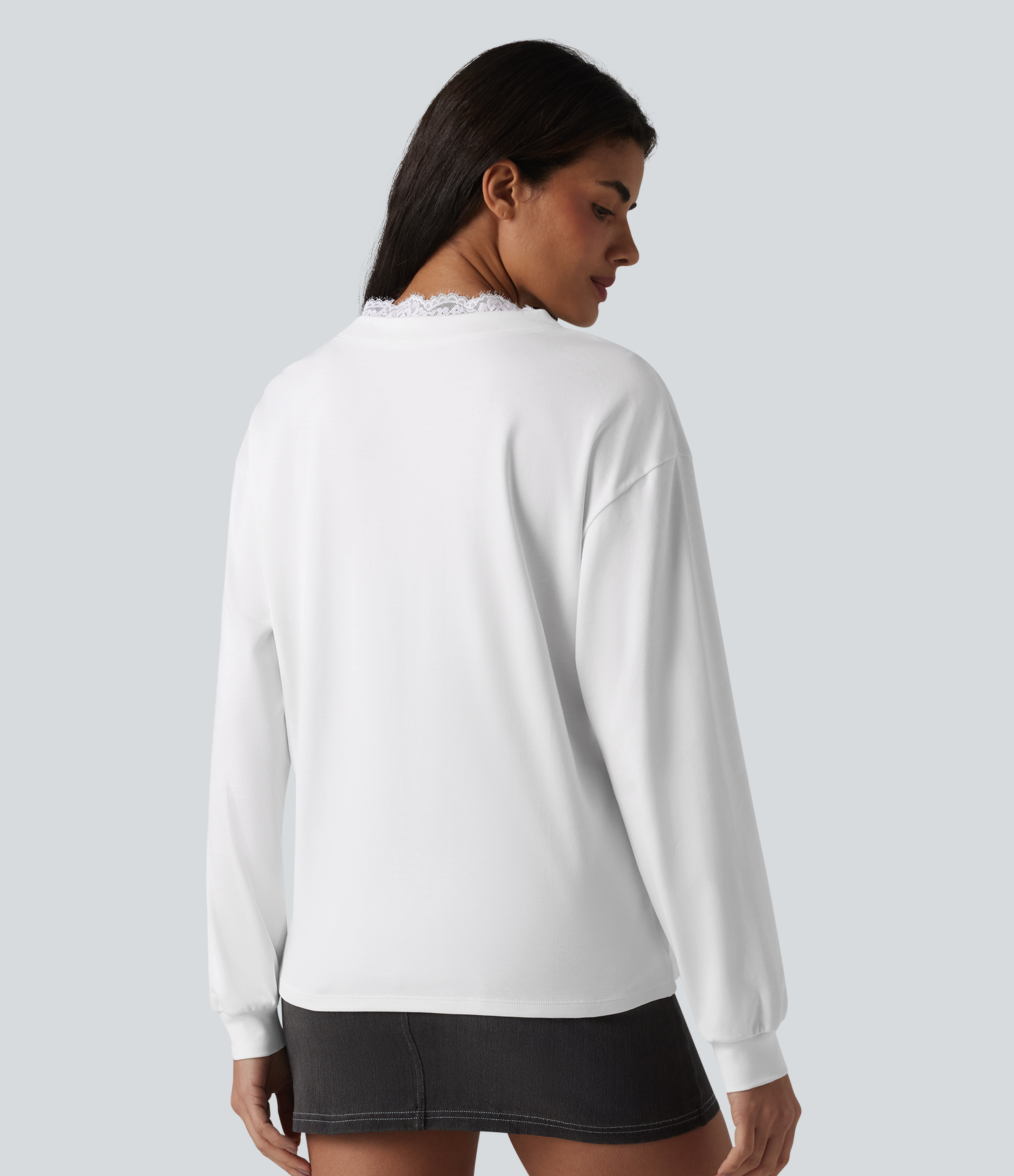 White V-neck Contrast Lace Long Sleeve Casual Pima Cotton T-Shirt / 2