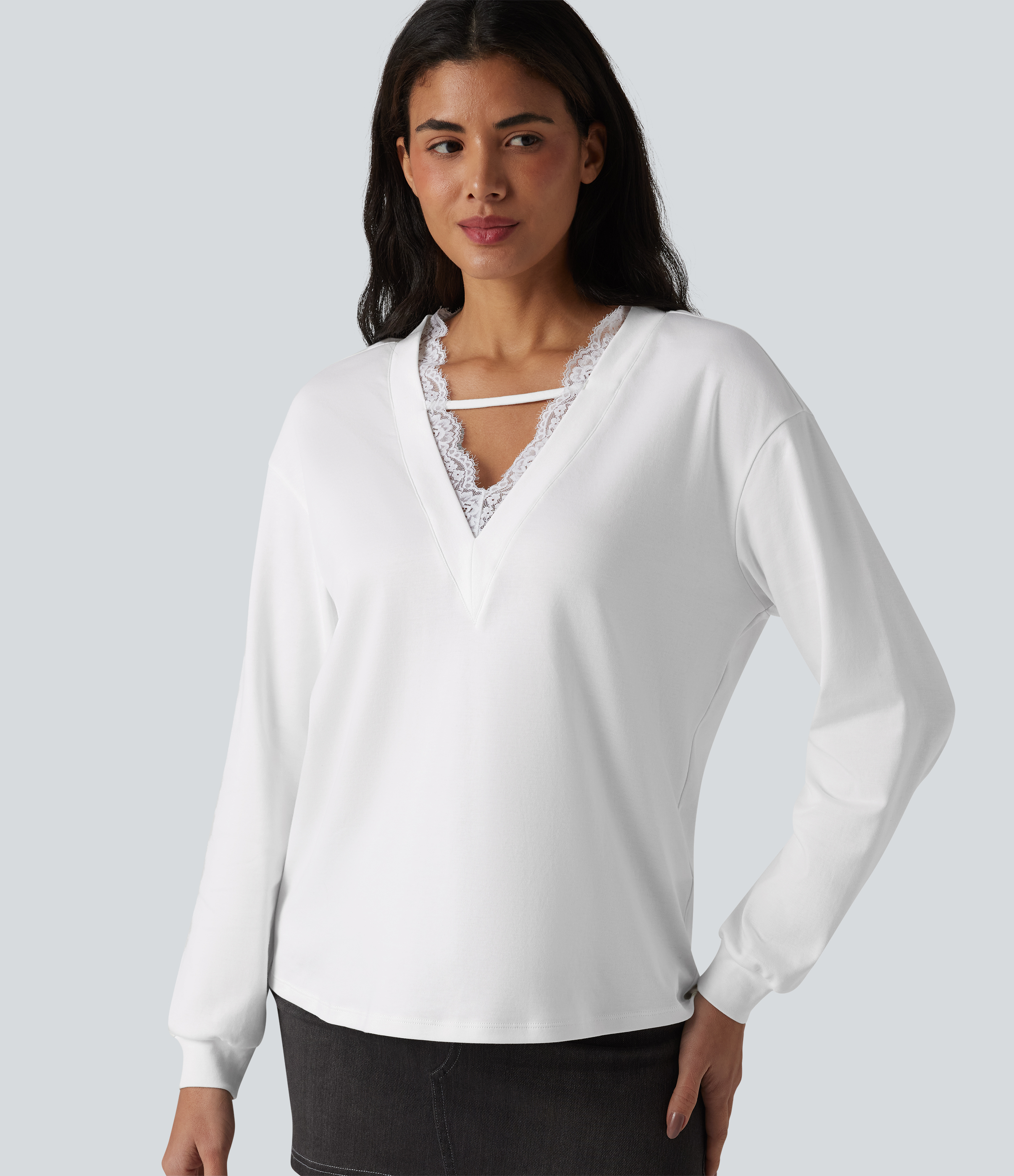 V-neck Contrast Lace Long Sleeve Casual Pima Cotton T-Shirt