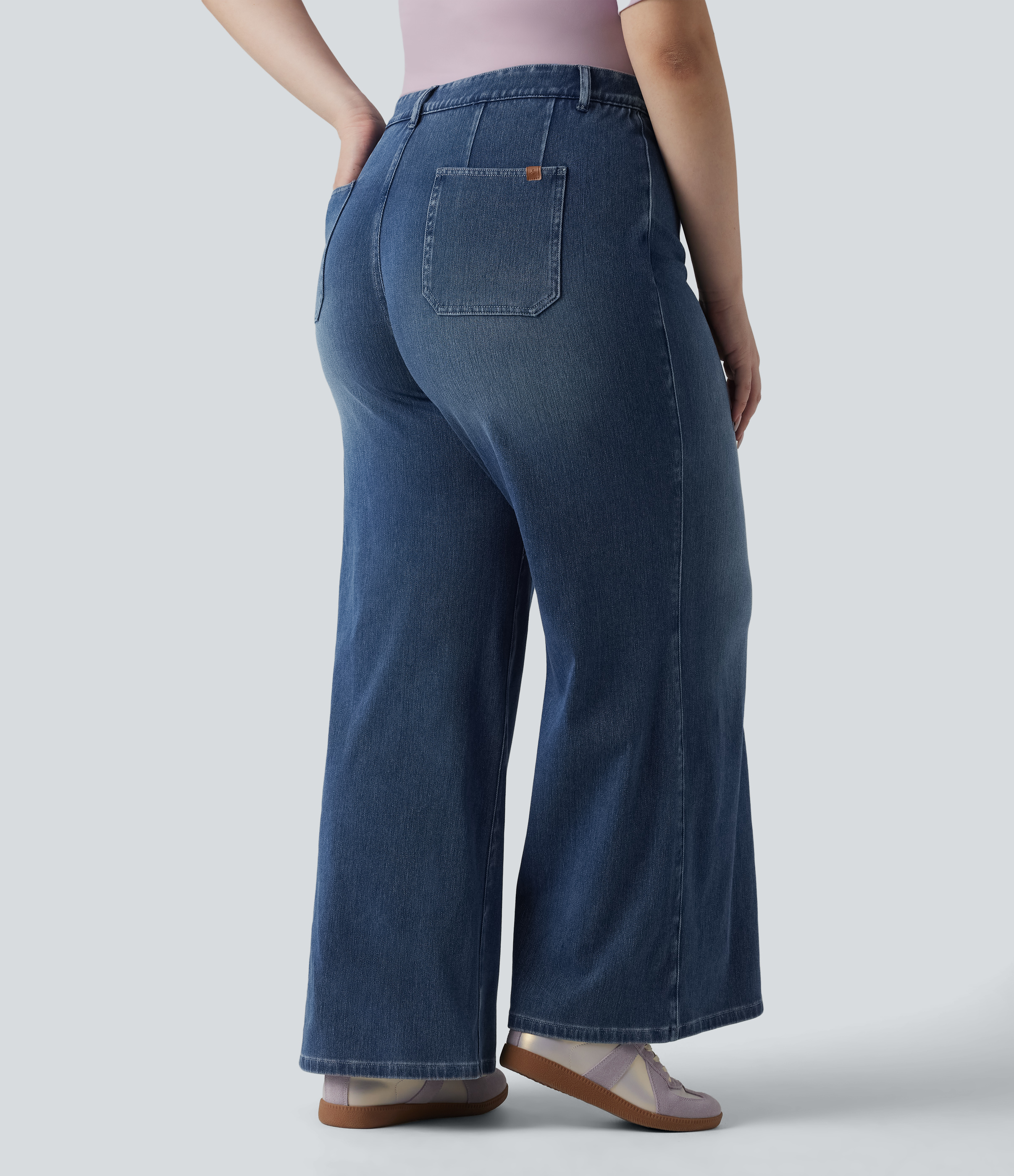 Tide Blue Denim Halara Flex™ jeans i plusstørrelse med høj talje, mavekontrol, vide ben, afslappet hverdagsstil, med lommer / 2