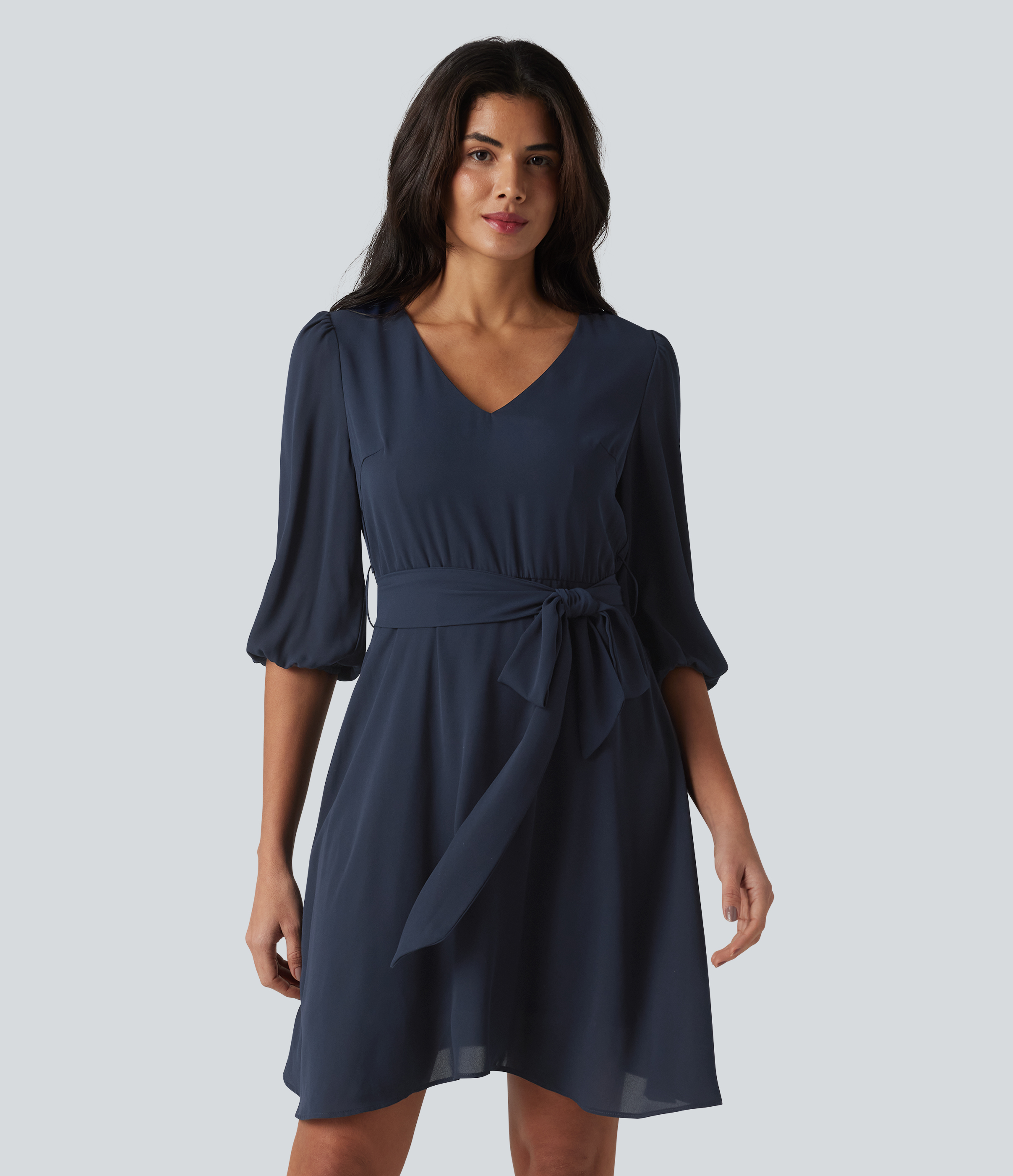 V Neck 3/4 Puff Sleeve Belted Mini Casual Dress