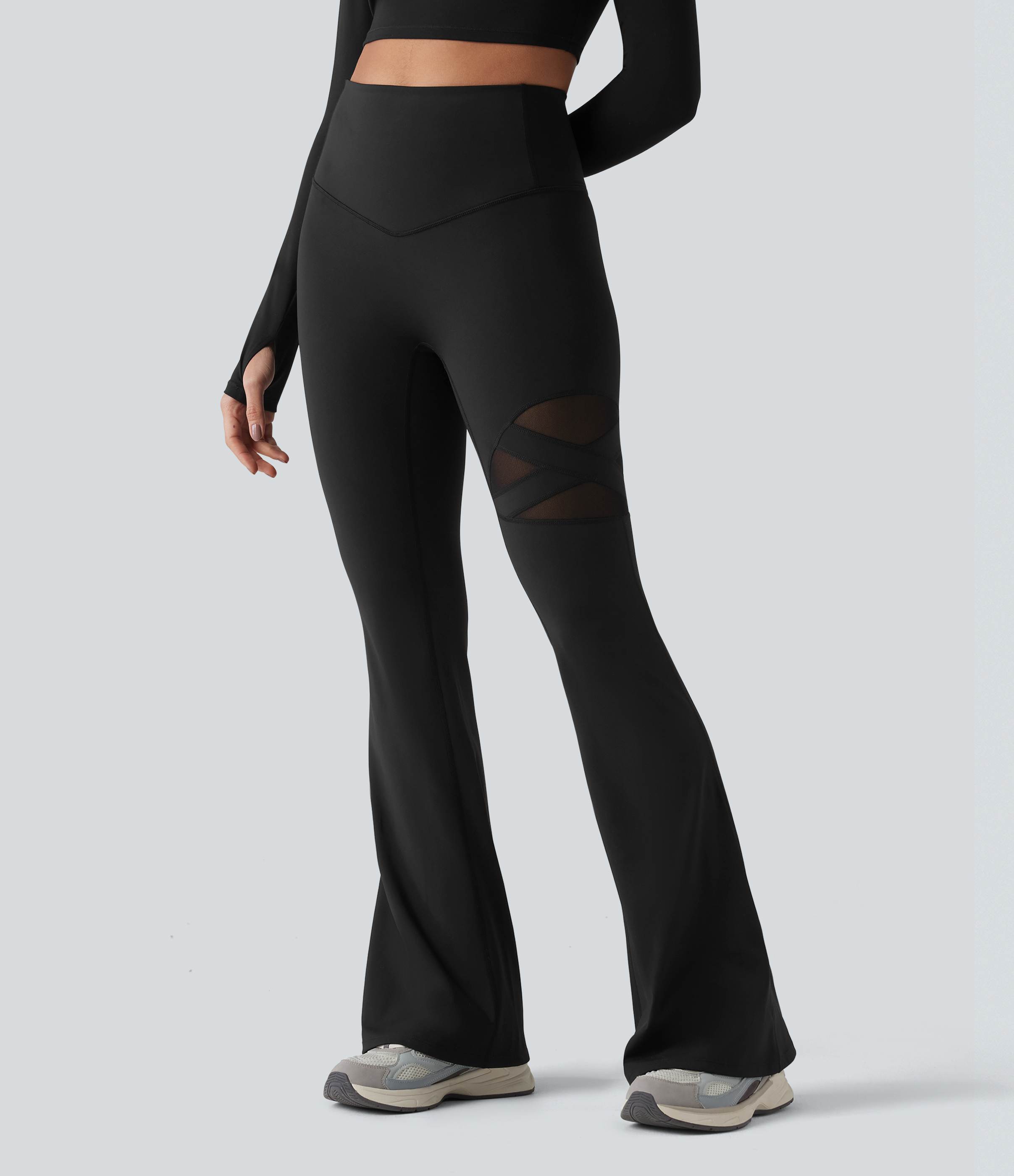 Leggings casual de cintura alta con control del abdomen, malla transpirable, pernera acampanada y bolsillo