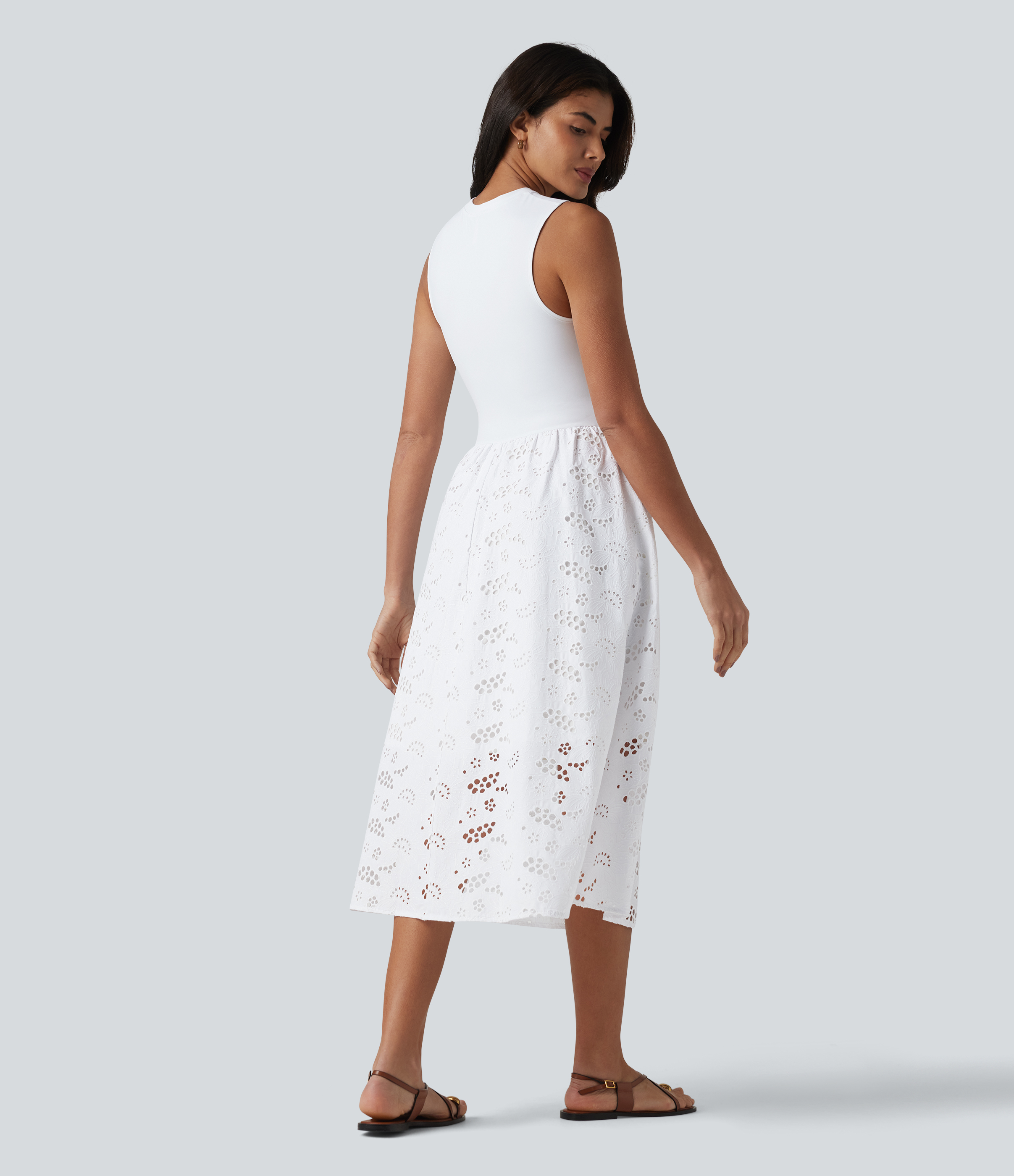 Frost White Round Neck Sleeveless Midi Embroidery Eyelet Resort Dress with Pockets / 2
