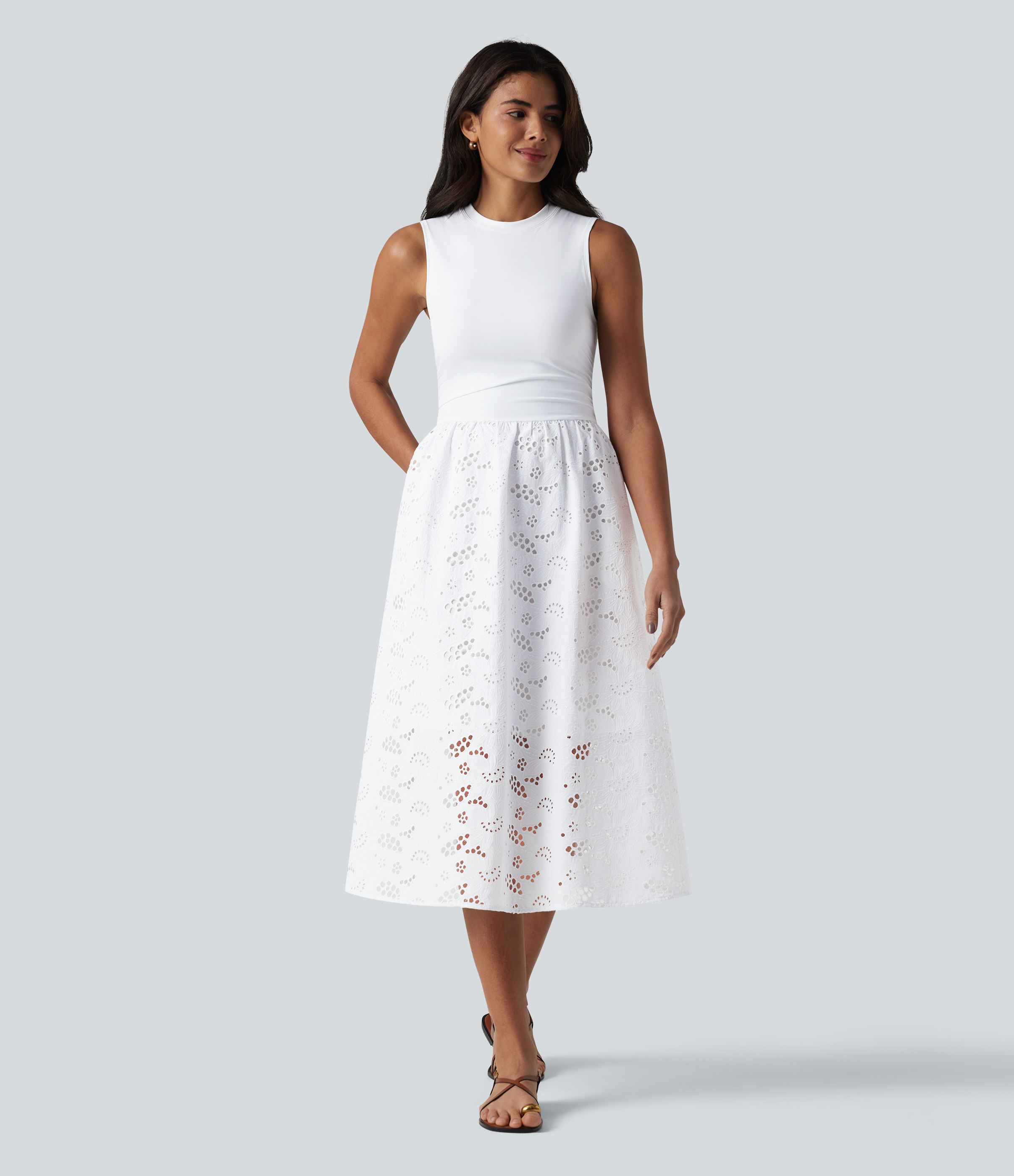 Ärmelloses Midikleid mit Rundhalsausschnitt, Seitentaschen und Lochstickerei