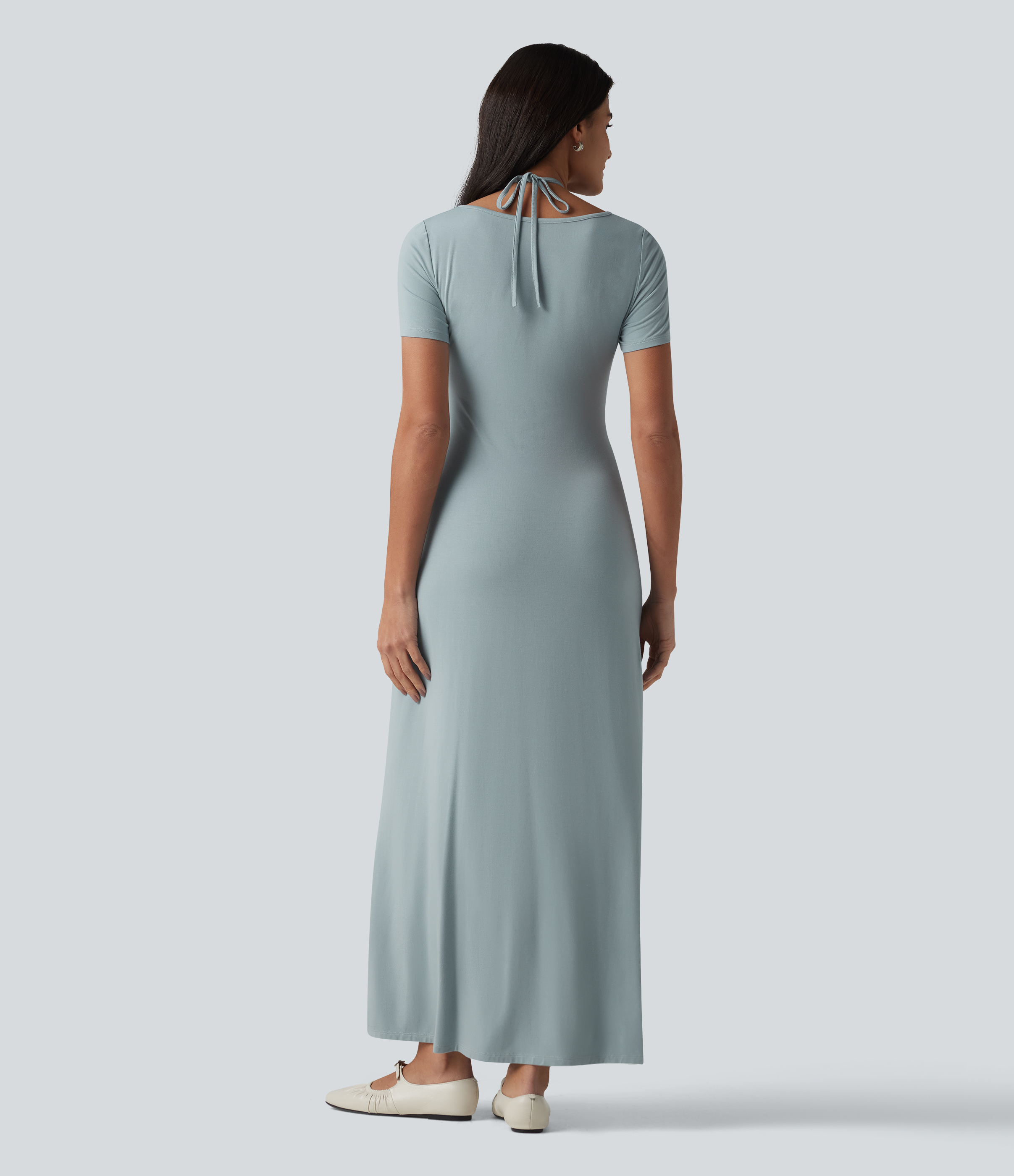 Slate Lässiges, gerafftes Maxikleid mit V-Ausschnitt, kurzen Ärmeln und Kordelzug / 2