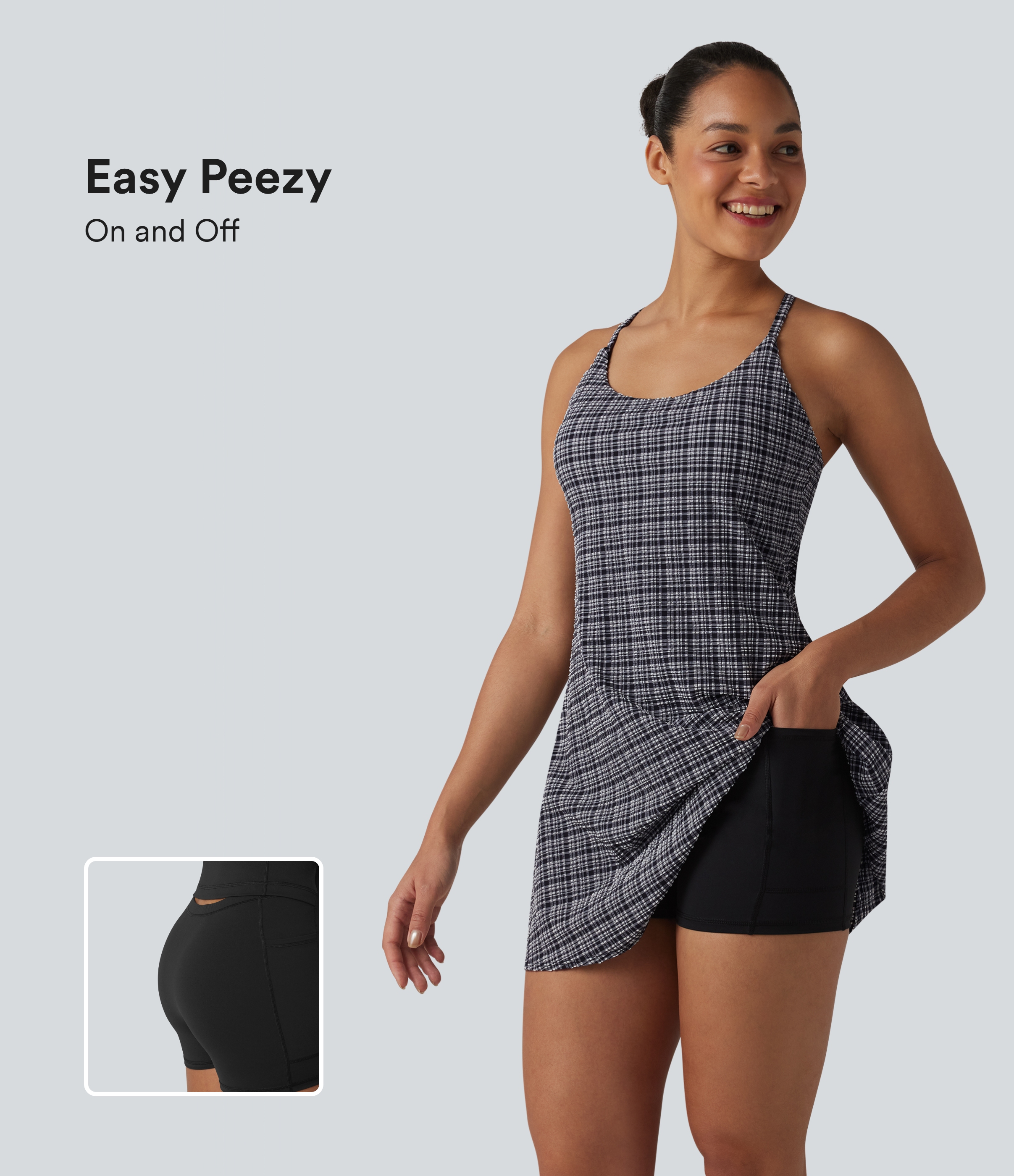 2-in-1 Plaid Crinkle Quick Dry Mini Tennis Active Dress with Pockets-Easy Peezy Edition