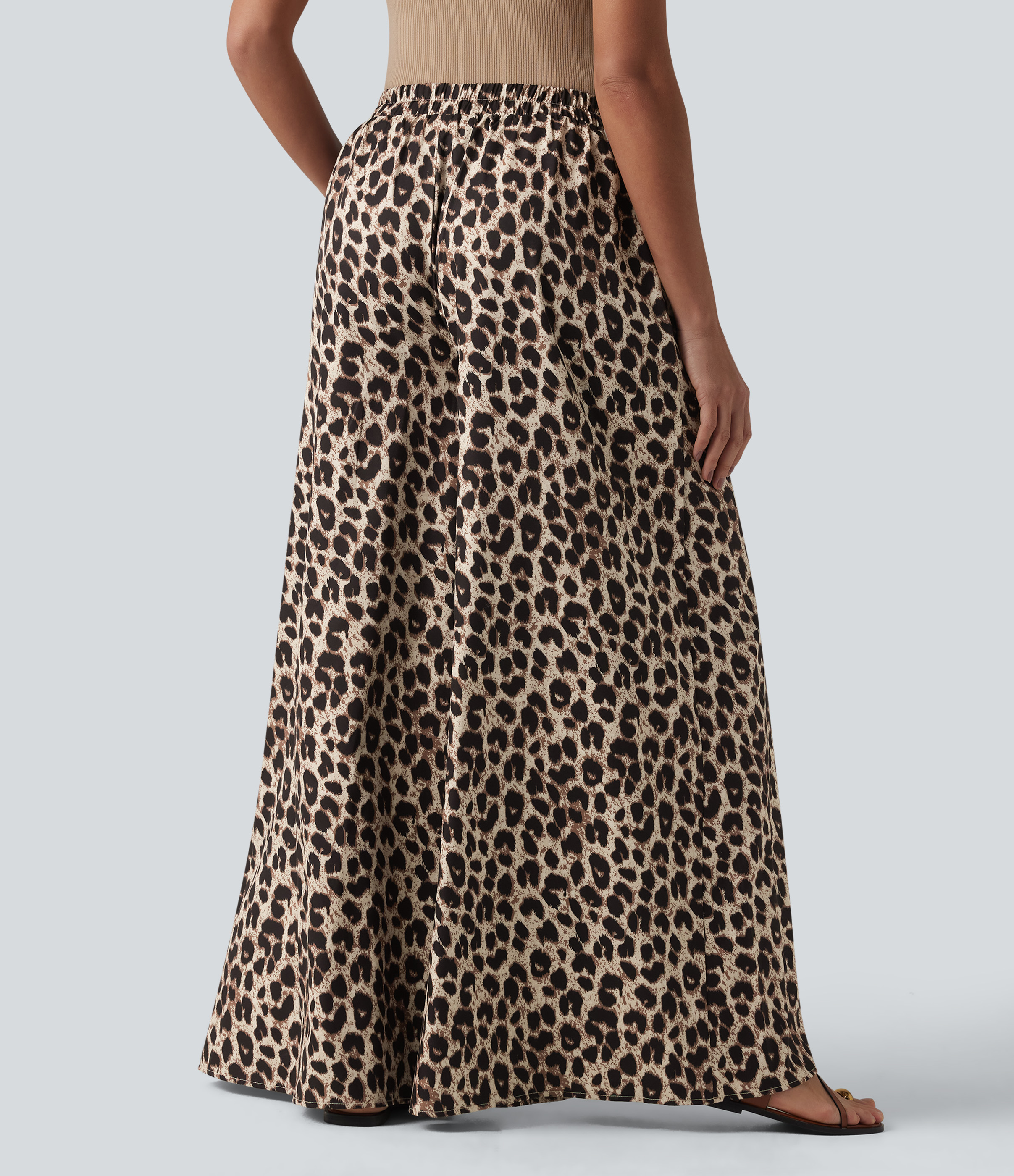 Gold Leopard Print Pantalon décontracté taille haute à jambes larges imprimé léopard avec poches / 2
