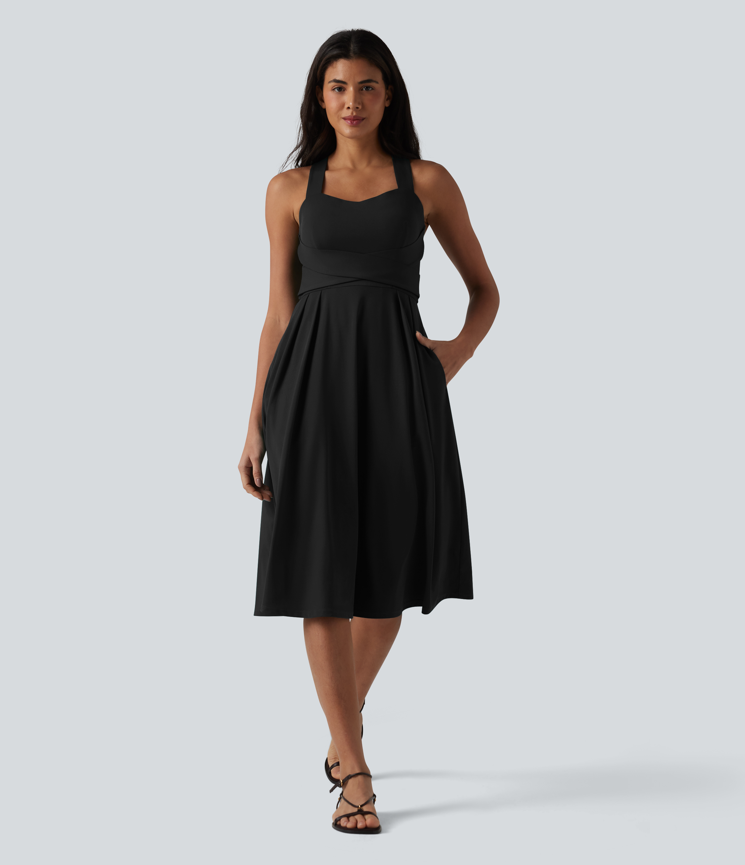Sweetheart Neck Sleeveless Crisscross Tie-back Midi Casual Flowy Dress with Pockets
