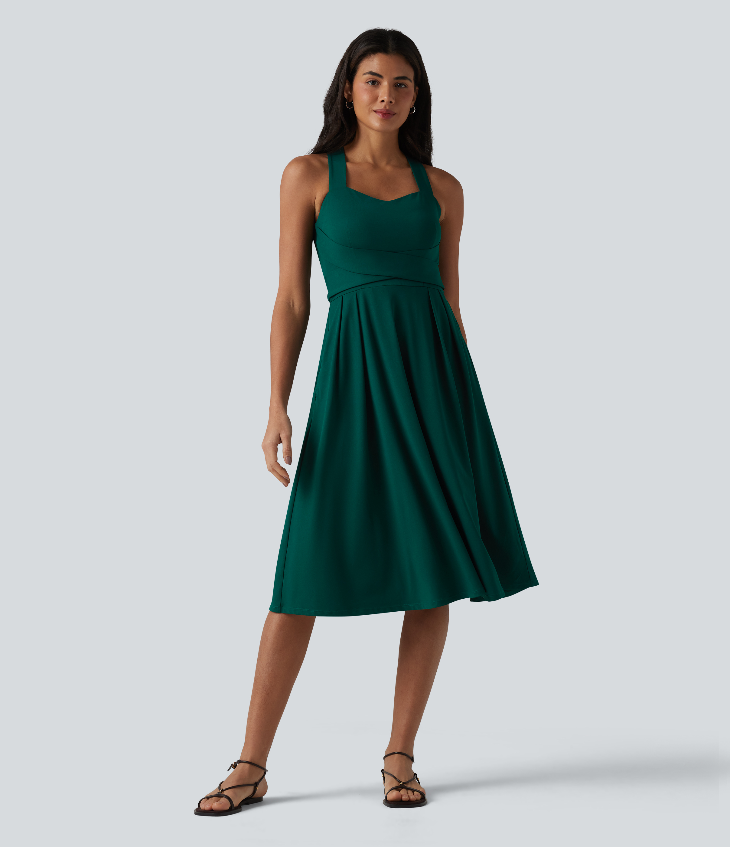 Sweetheart Neck Sleeveless Crisscross Tie-back Midi Casual Flowy Dress with Pockets