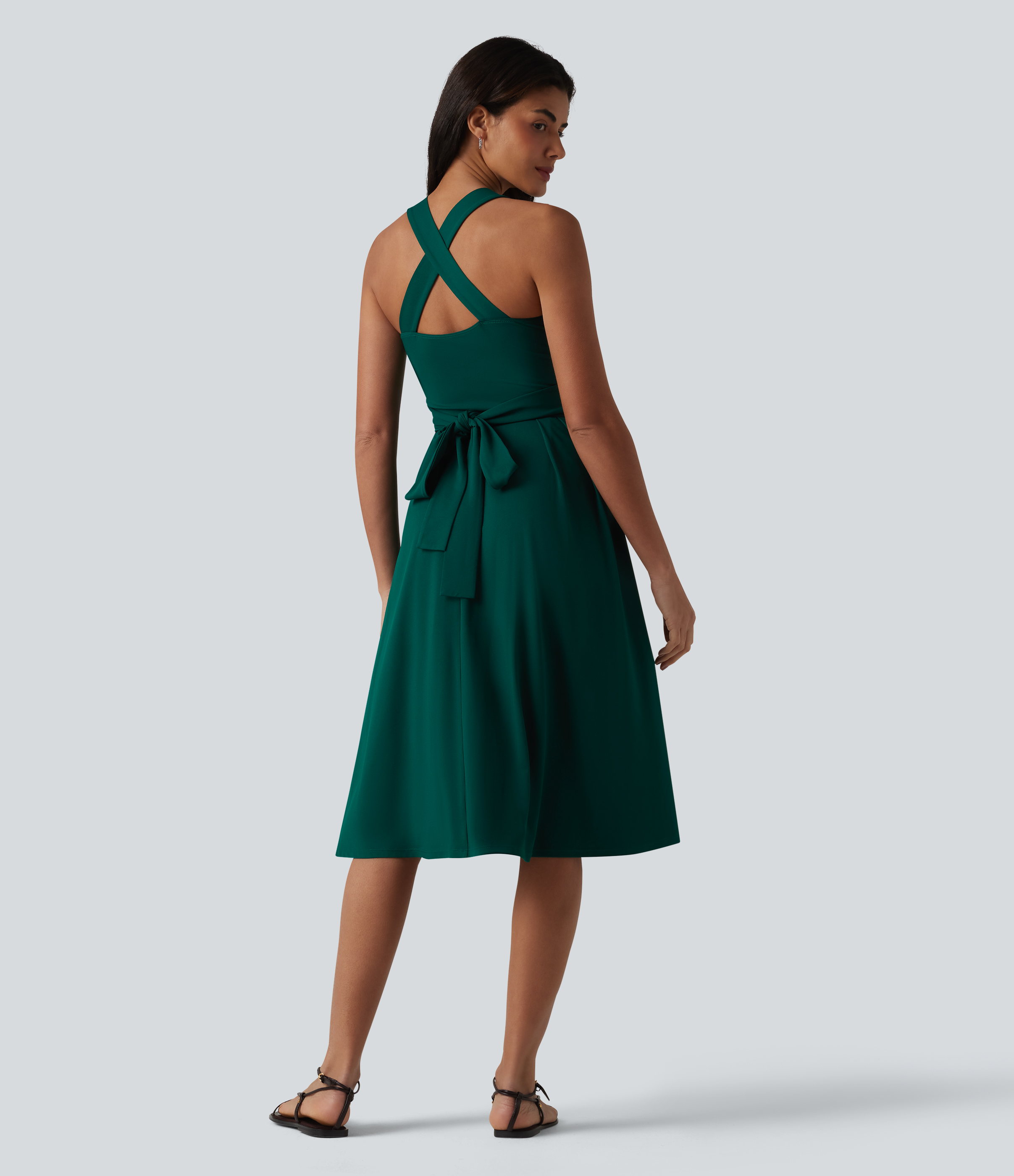 Rain Forest Ärmelloses, fließendes Midikleid mit Herzausschnitt, Seitentaschen und überkreuztem Rückendesign / 2