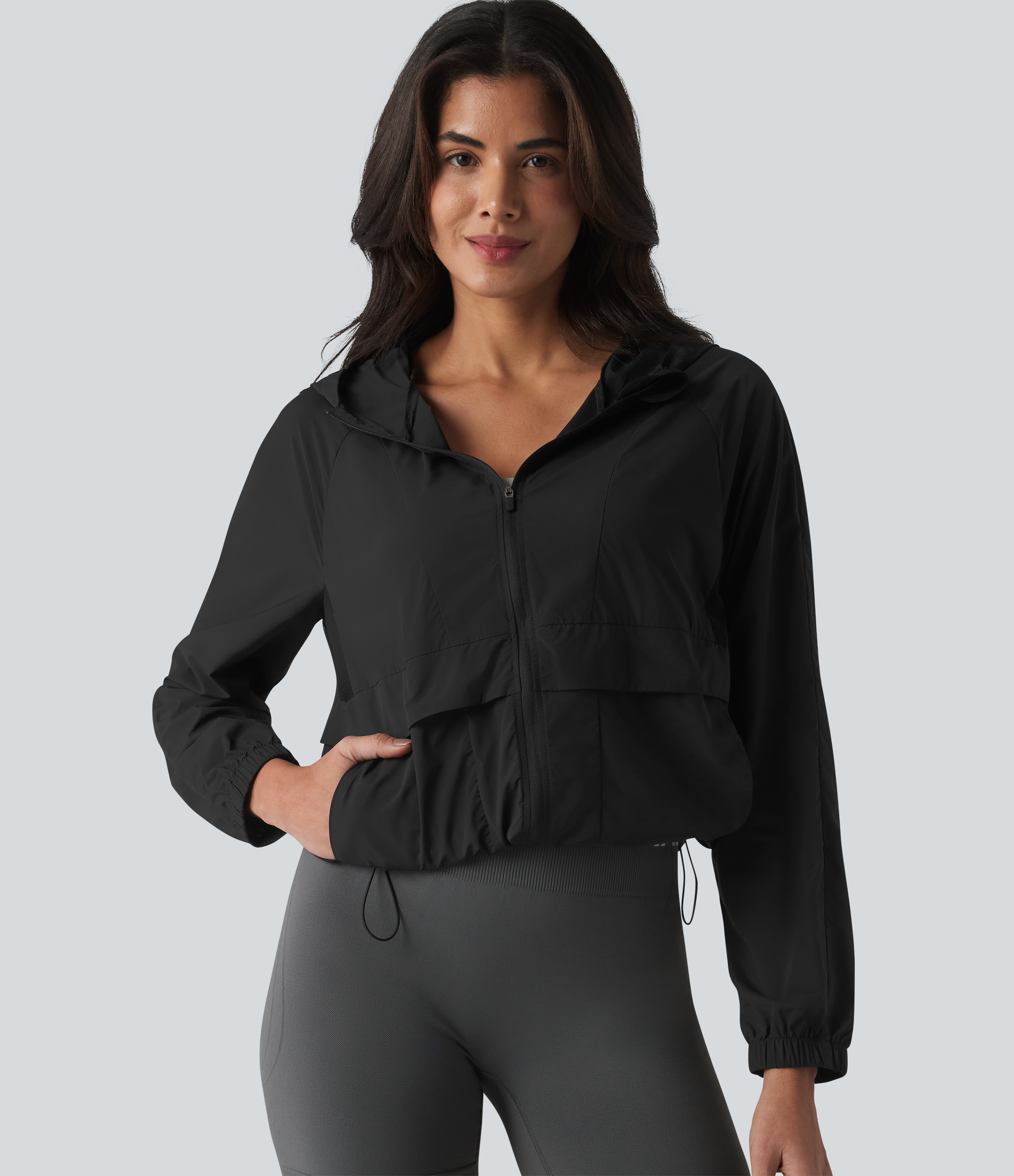 Hooded Long Sleeve Contrast Mesh Running Jacket with Pockets-UPF50+