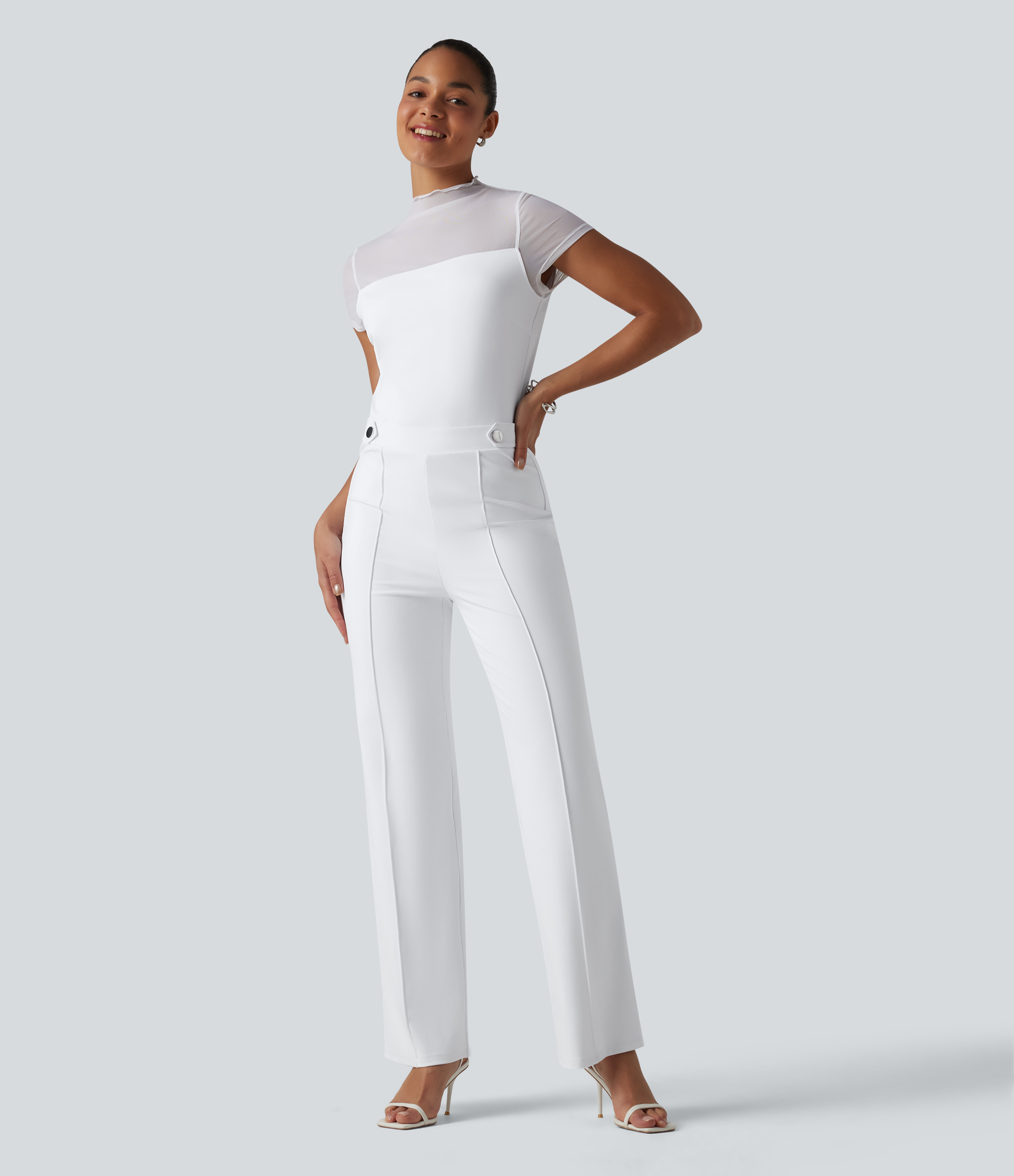 DayStretch Round Neck Short Sleeve Contrast Mesh Jumpsuit-Easy Peezy Edition