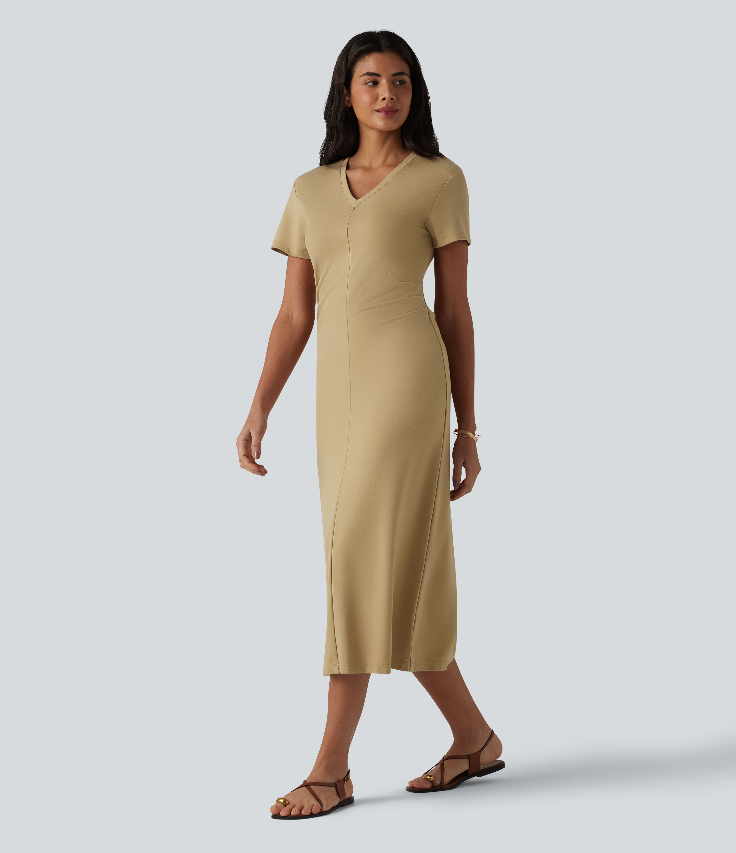 V Neck Short Sleeve Midi Casual Dress