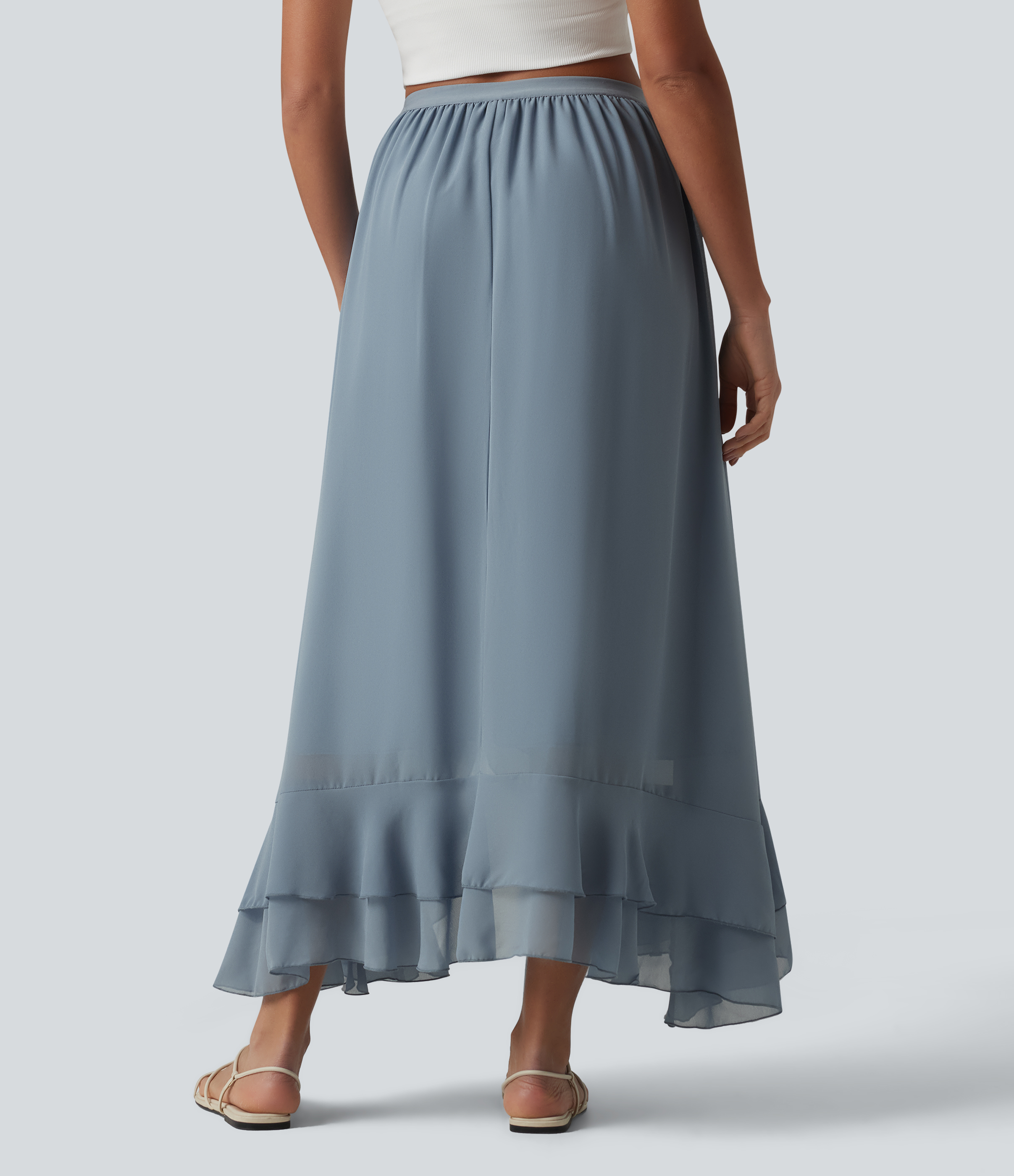 Gray Haze Blue High Waisted High Low Ruffle Flowy Maxi Skirt / 2
