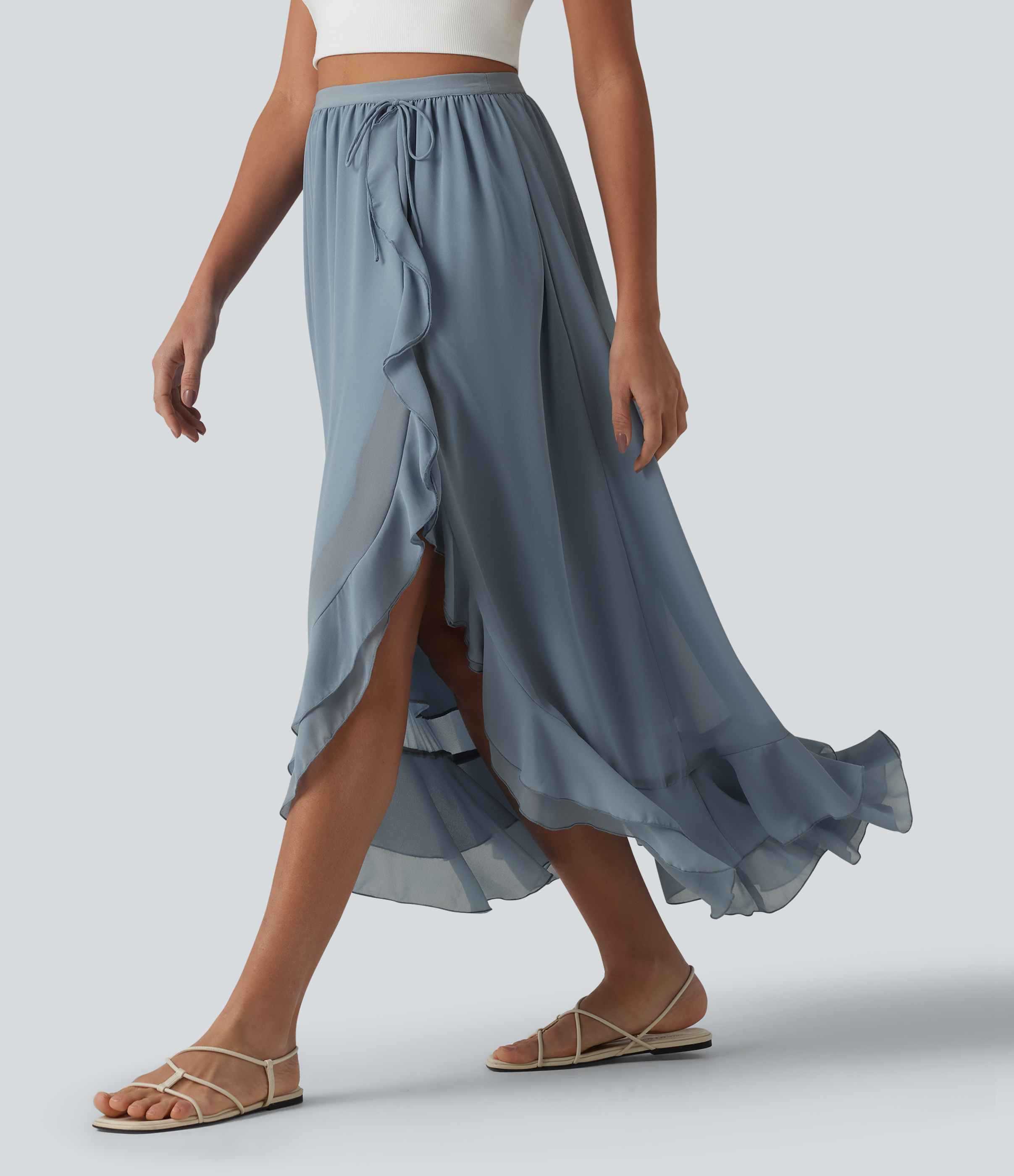 High Waisted High Low Ruffle Flowy Maxi Skirt