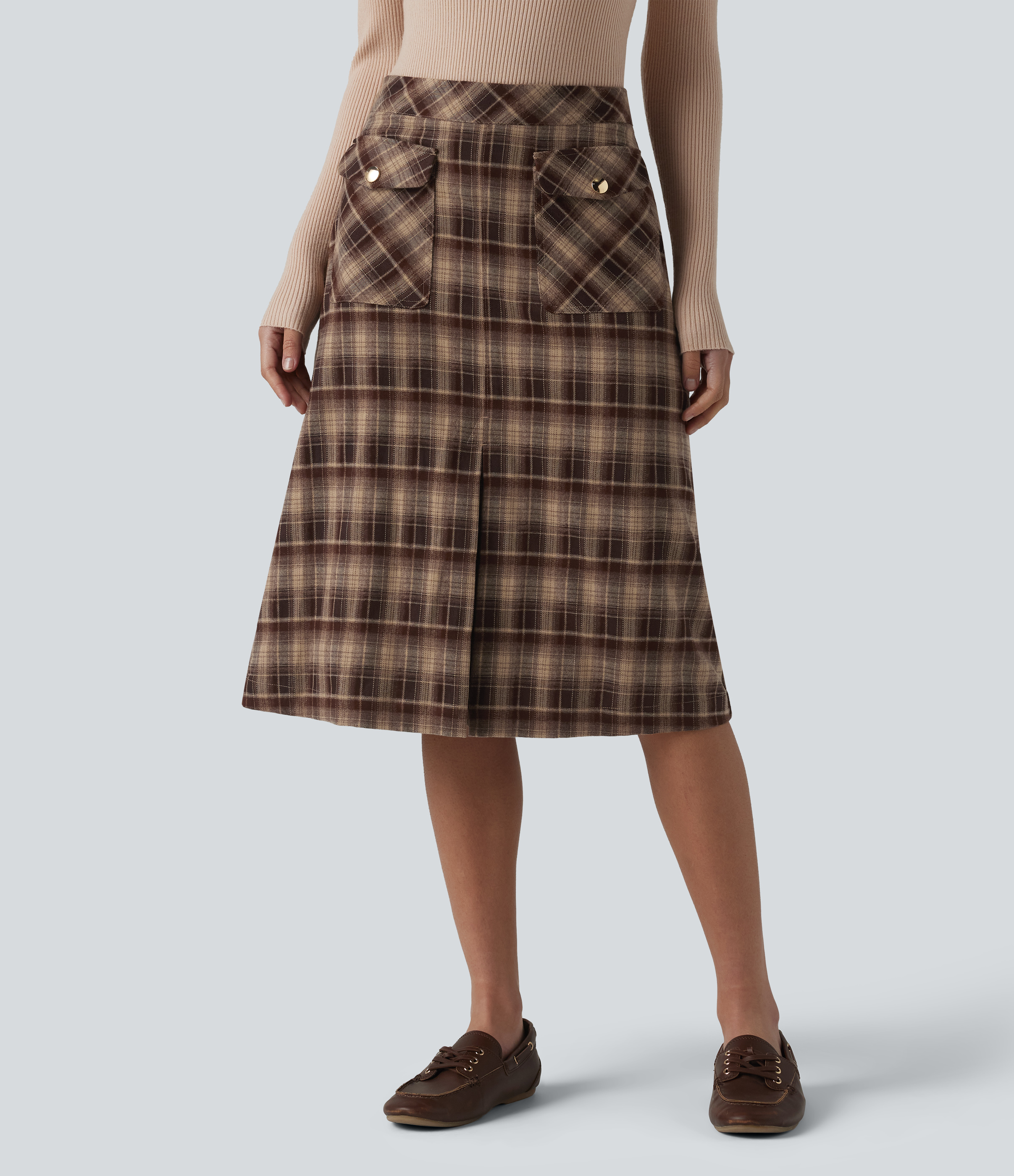 Mid Rise A-Line Plaid Midi Work Skirt with Pockets