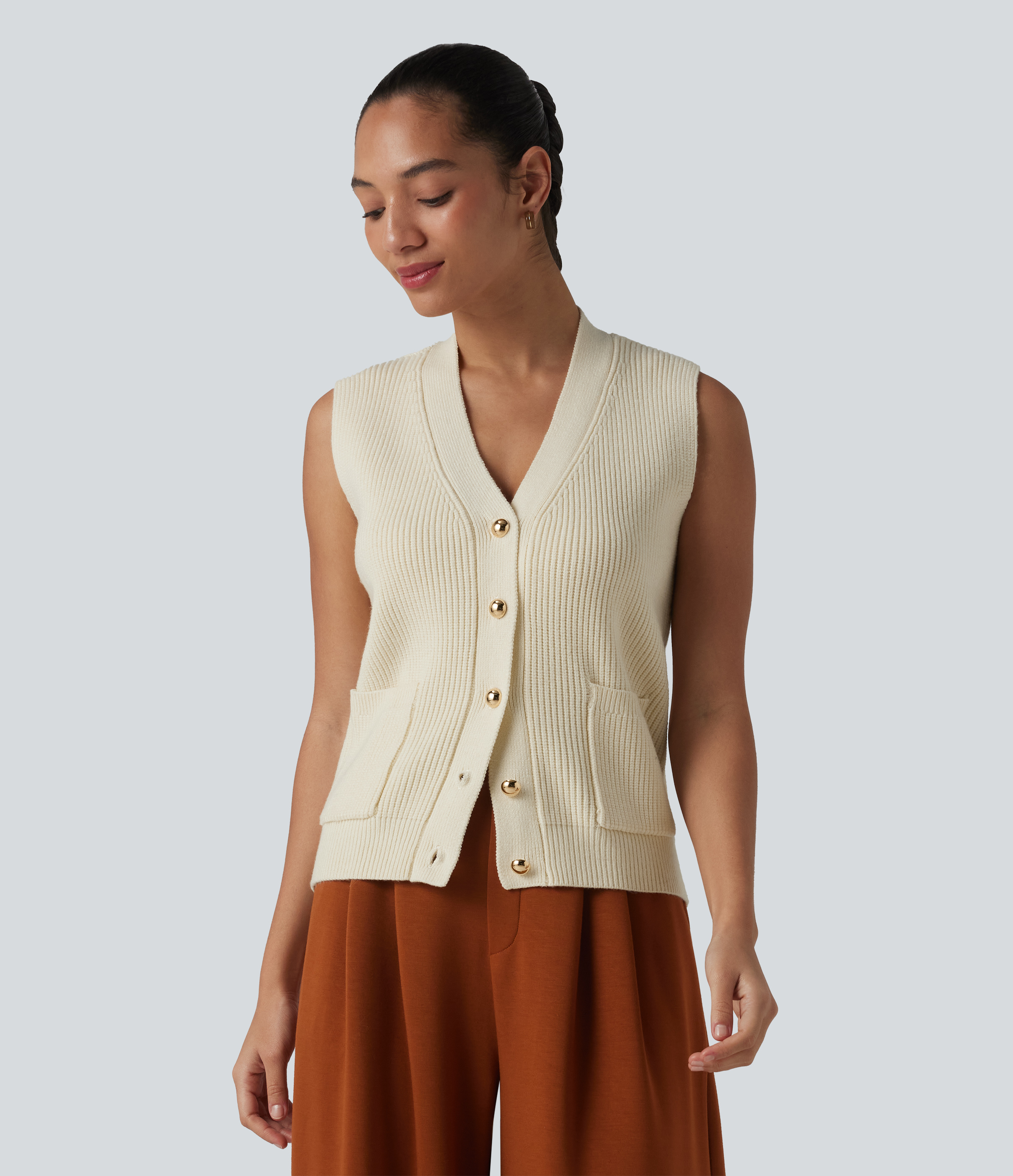 V-neck Button Fly Casual Jumper Vest with Pockets
