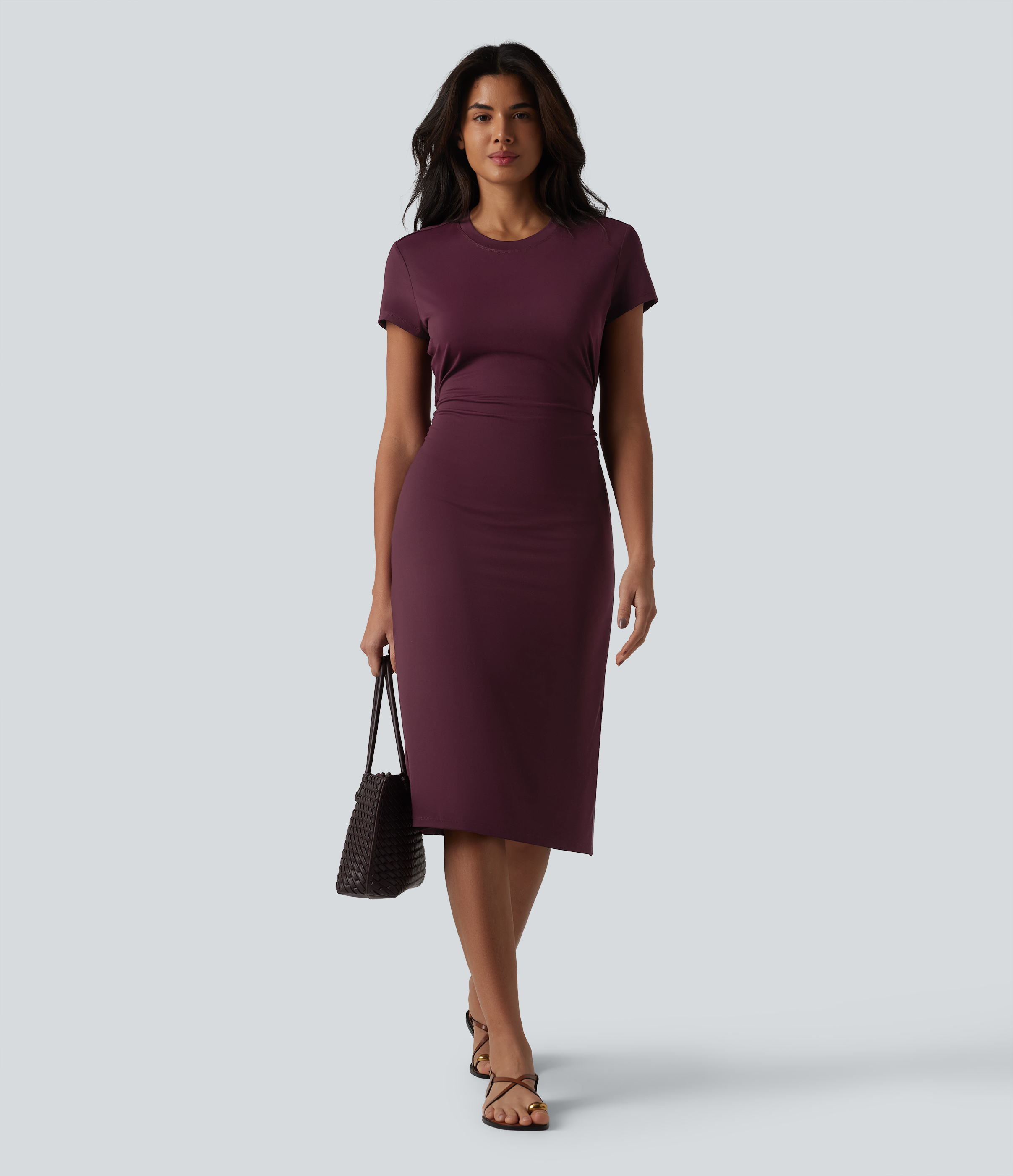 short sleeve cut out midi dress XS Deep Crimson Round Neck Casual Delmira very fitted at natural Size:Custom (14-18 US, 46-50 EU) Mustard Off-the-Shoulder Bodycon Dress Vipchrono