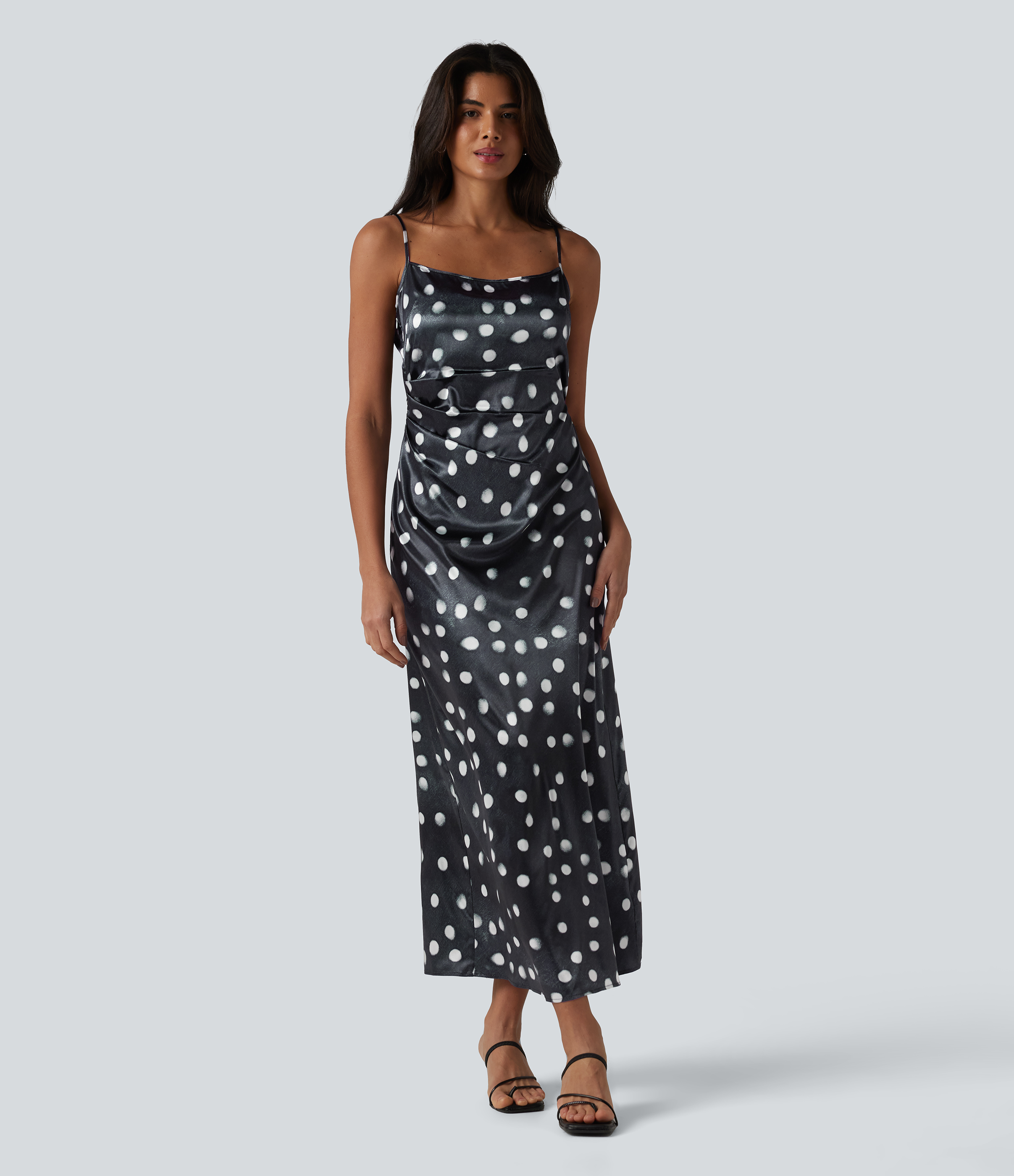 Robe mariage maxi en satin à pois froncée avec fermeture éclair invisible et lien noué dans le dos pour demoiselle d'honneur et invitée de mariage