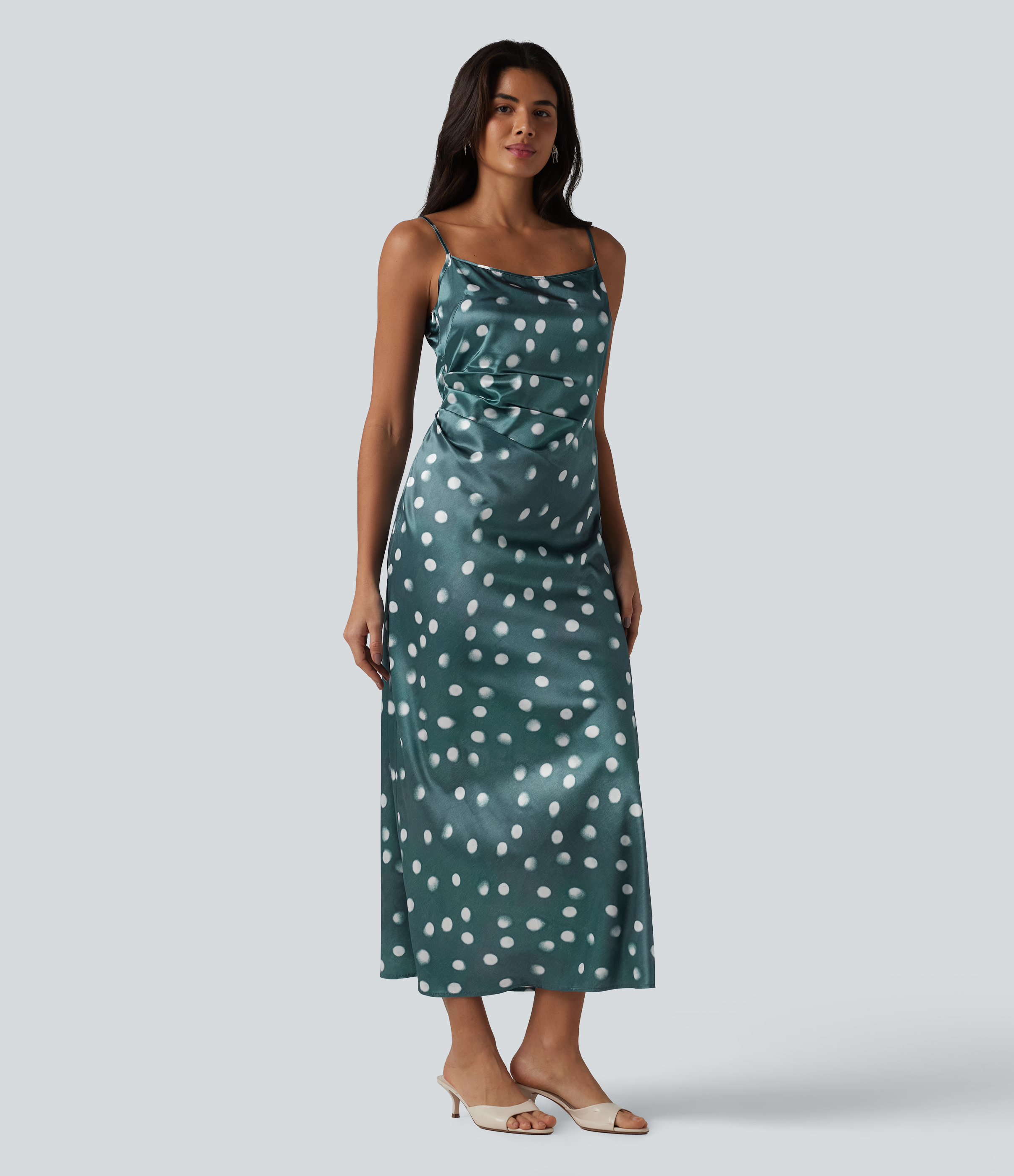 Invisible Zipper Ruched Tie-back Polka Dot Satin Maxi Bridesmaid And Wedding Guest Slip Dress