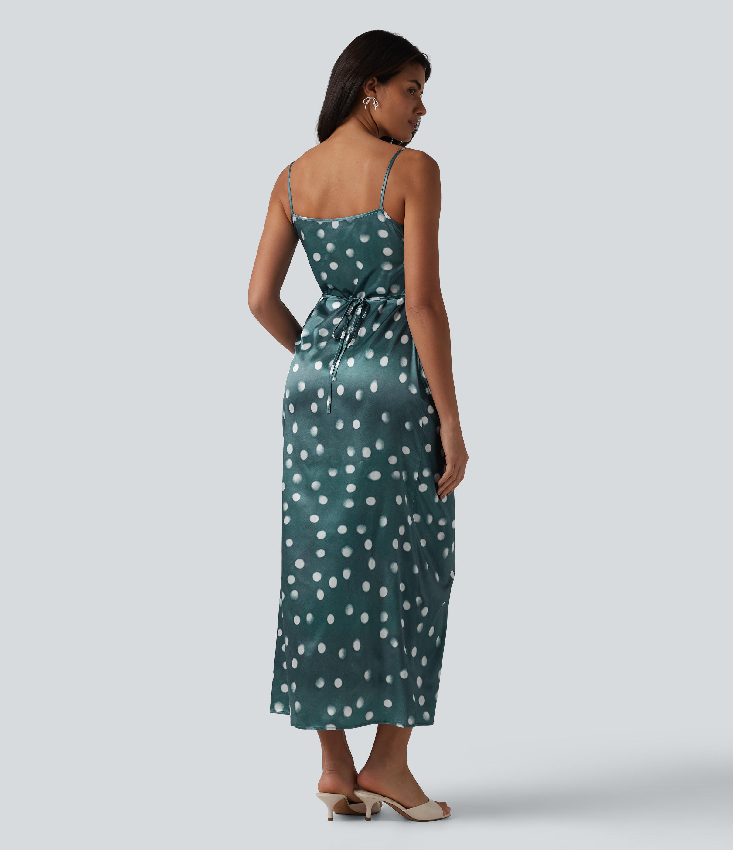 Sea Salt Dot Invisible Zipper Ruched Tie-back Polka Dot Satin Maxi Bridesmaid And Wedding Guest Slip Dress / 2