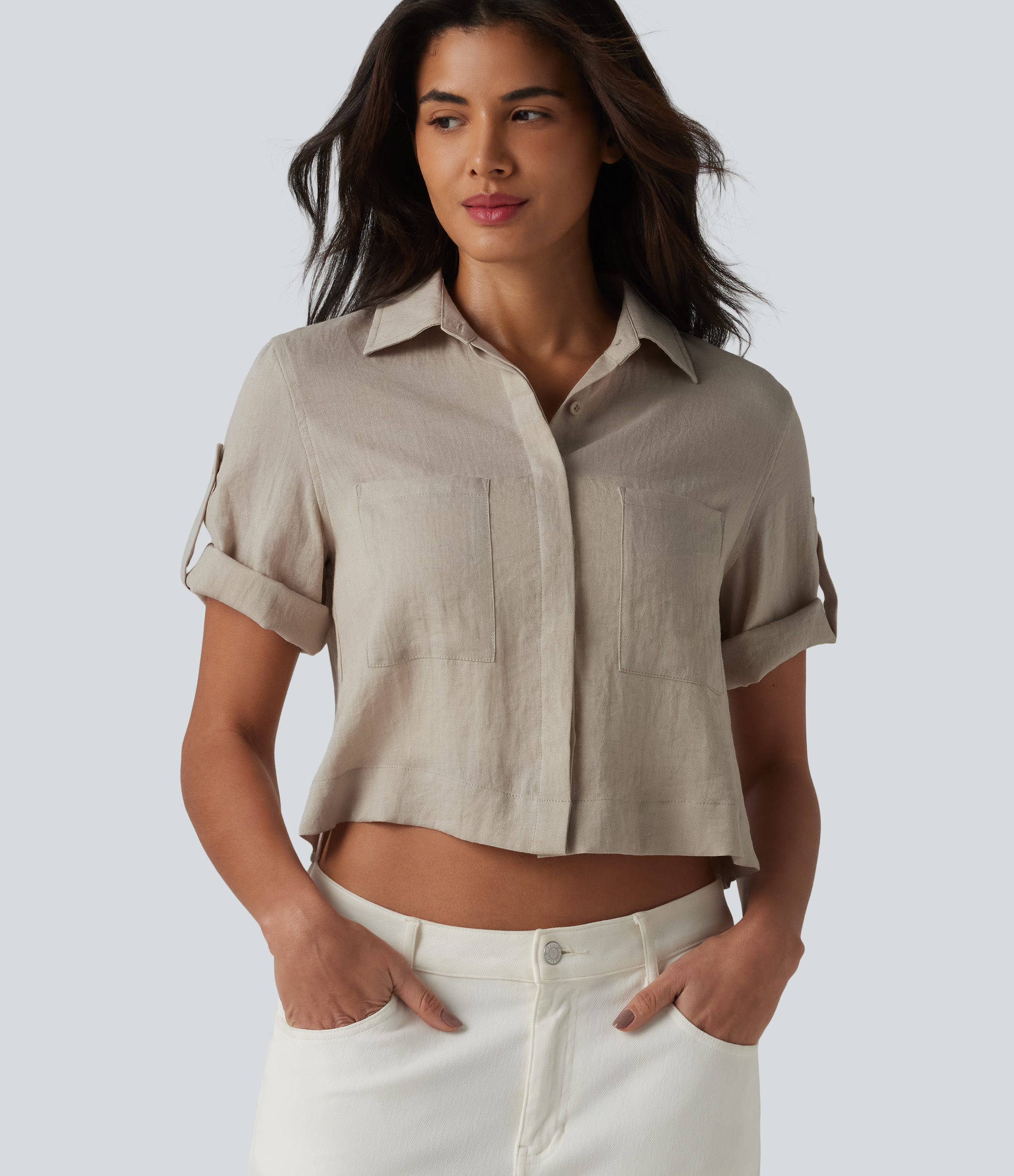 Roll Up Short Sleeve Cropped Casual Linen-Blend Shirt with Pockets