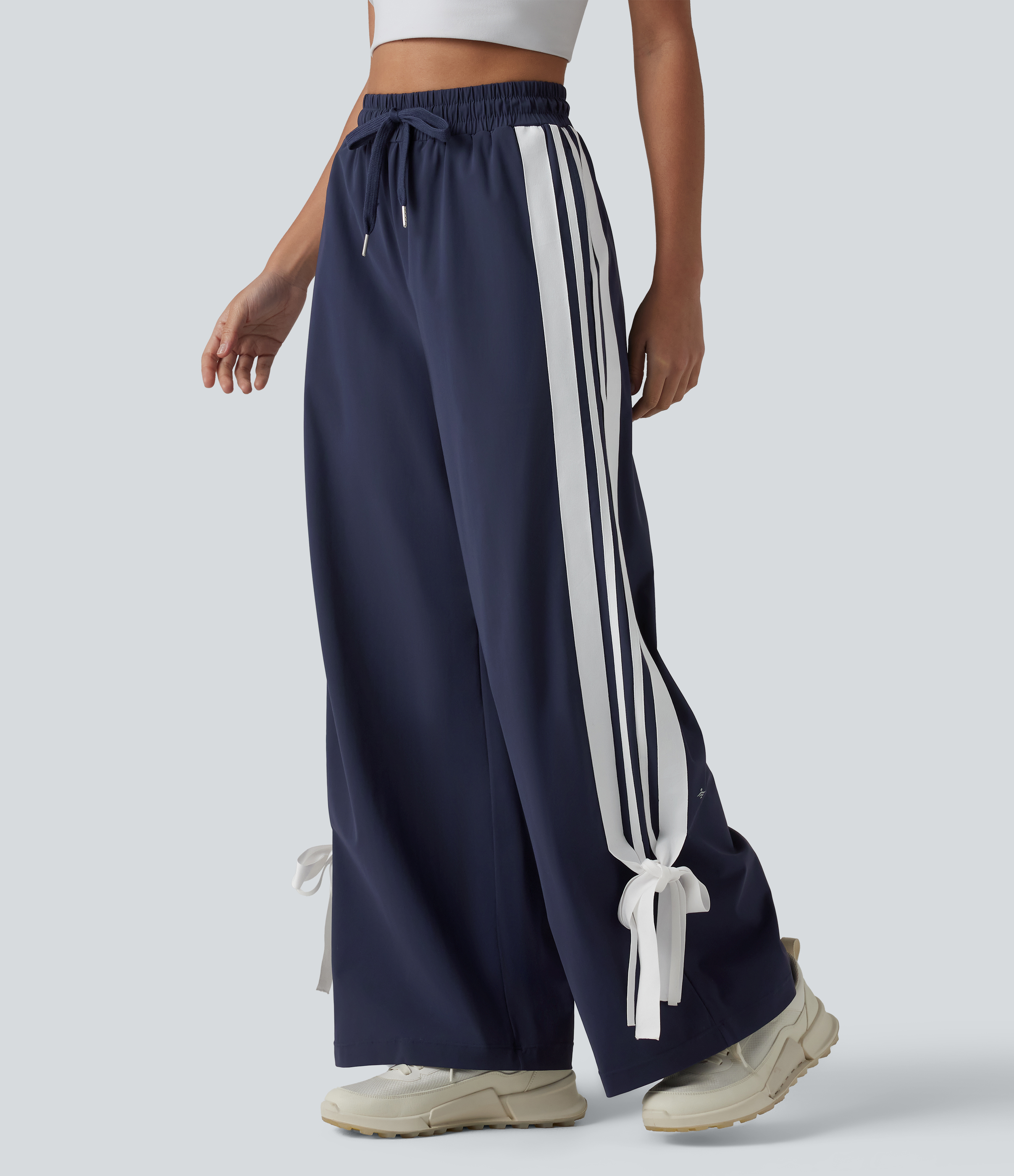 Pantalon large de course taille haute toucher frais à séchage rapide, colorblock à rayures avec nœud, cordon de serrage et poches – Protection UPF 40+