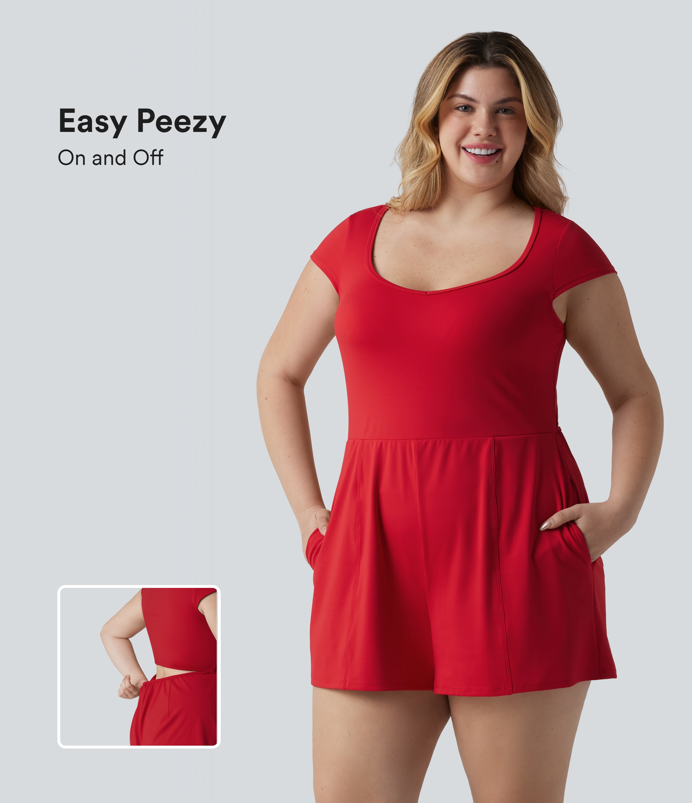 Plus Size SoftlyZero™ Airy U Neck Cap Sleeve Cool Touch Yoga Romper with Pockets-Easy Peezy Edition