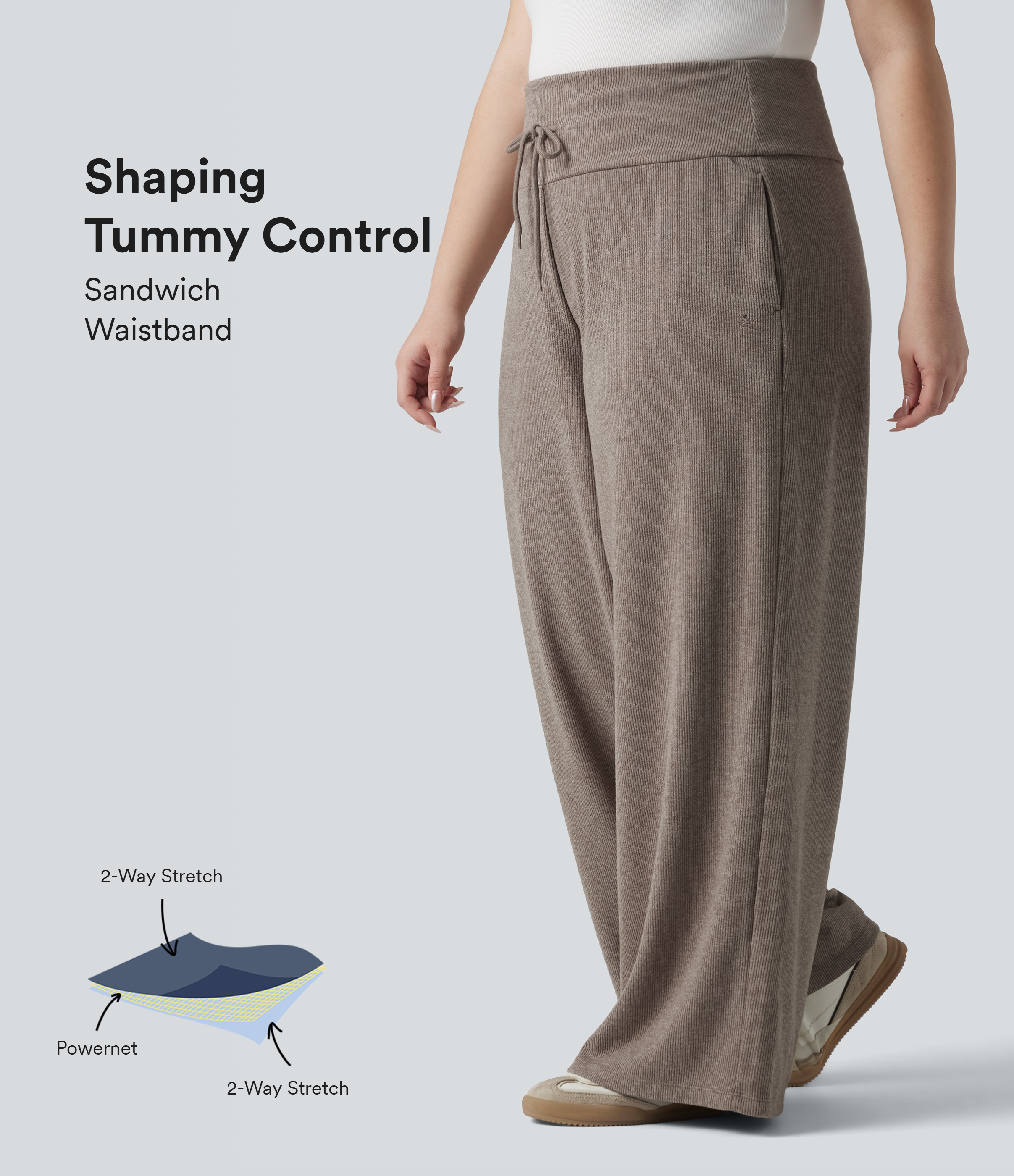 Plus Size Ribbed Knit High Waisted Tummy Control Drawstring Wide Leg Casual Pants with Pockets