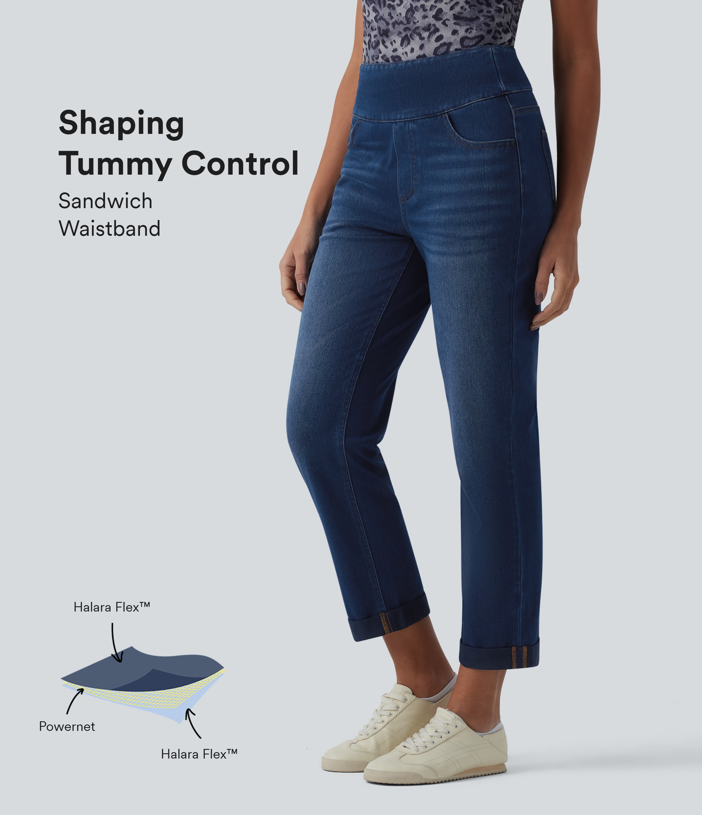 Halara Flex™ - Lässige Jeans mit hohem Bund, mehreren Taschen, Bauchkontrolle und umgeschlagenem Saum
