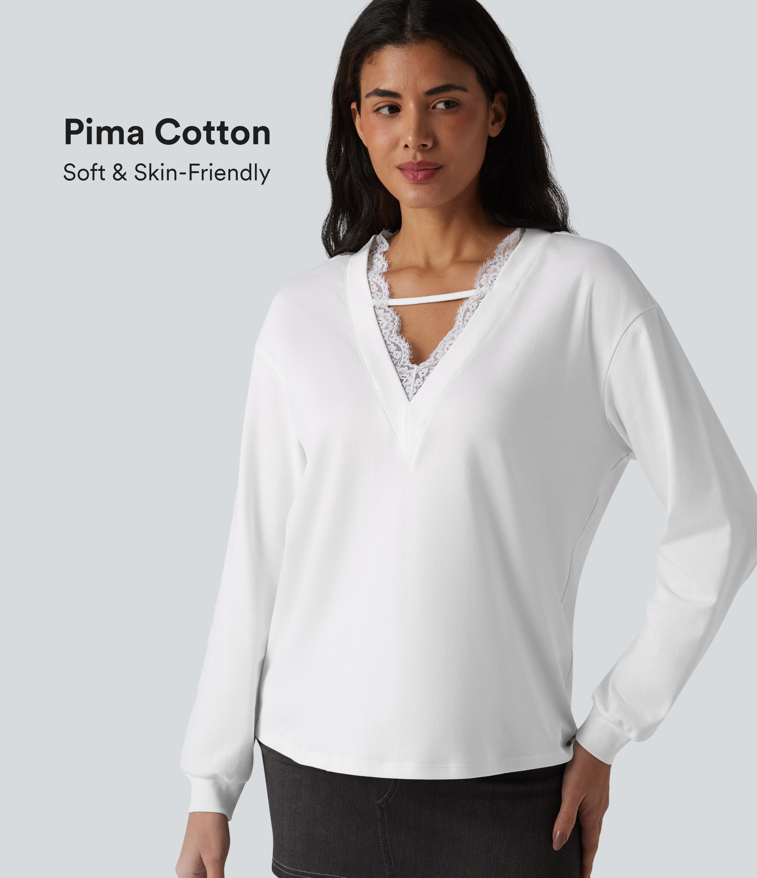 White V-neck Contrast Lace Long Sleeve Casual Pima Cotton T-Shirt / 1