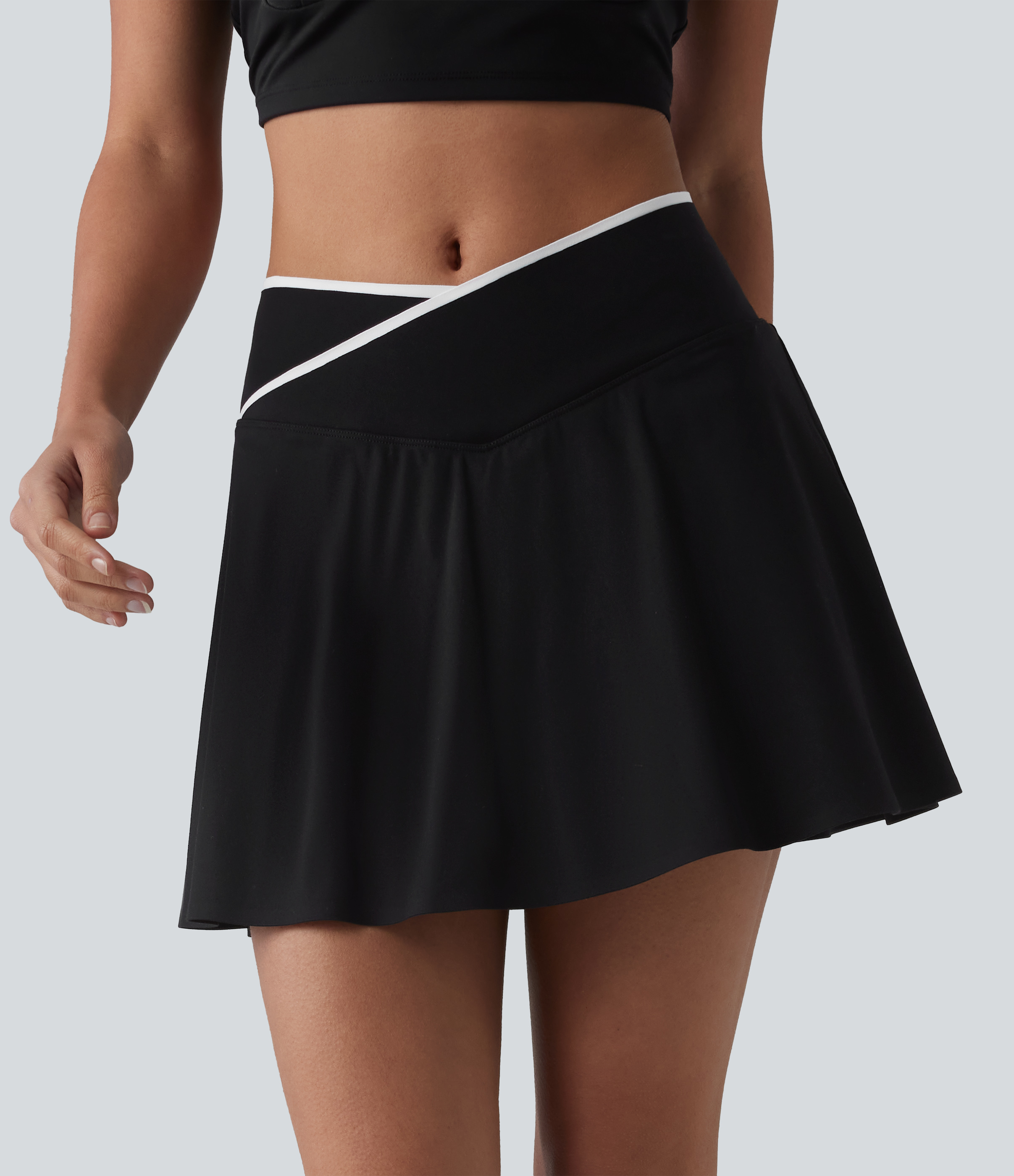 Mid Rise Color Block Crossover 2-in-1 Mini Tennis Skirt with Pockets