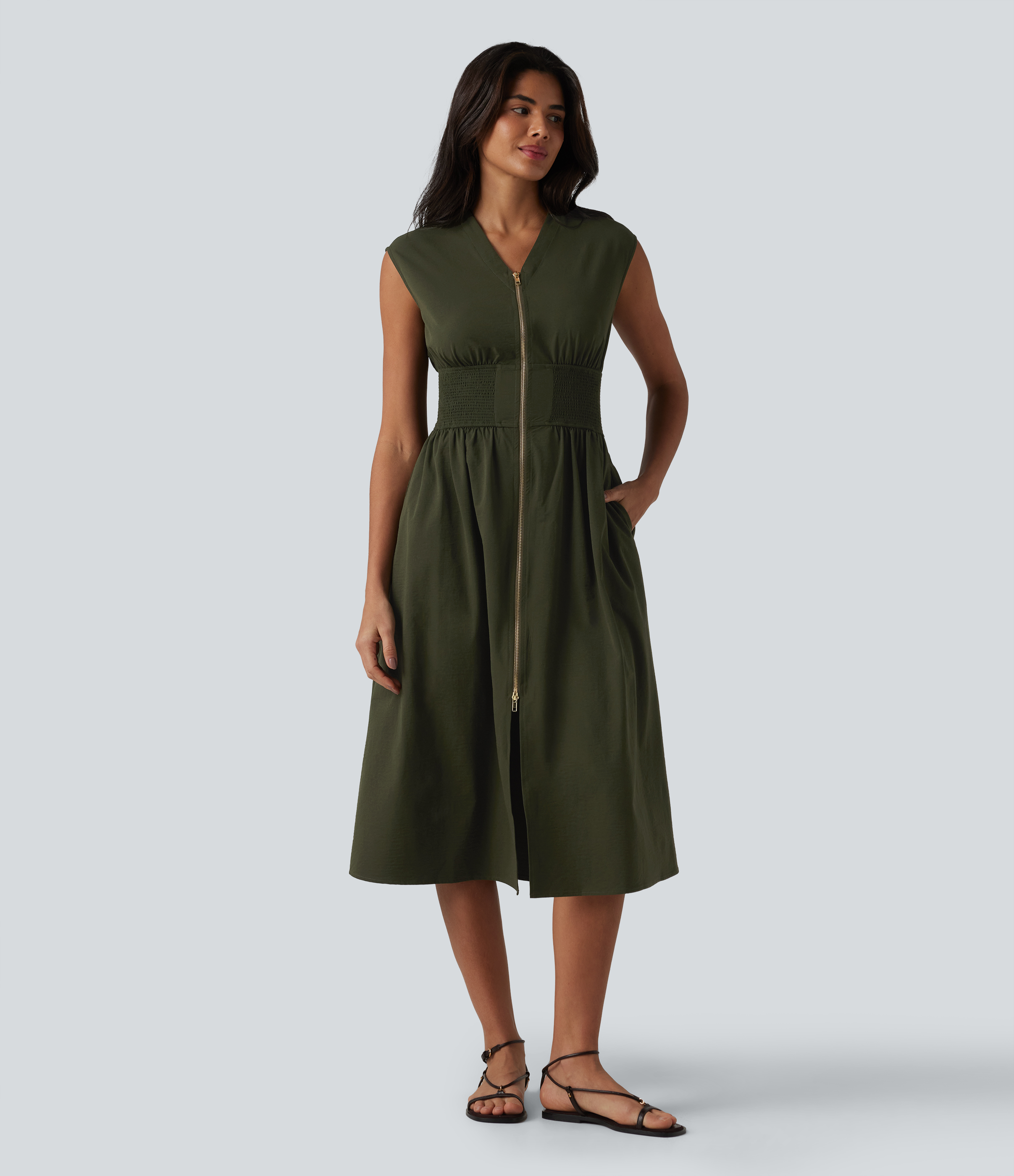 V Neck Sleeveless 2-Way Zipper Midi Work Dress with Pockets