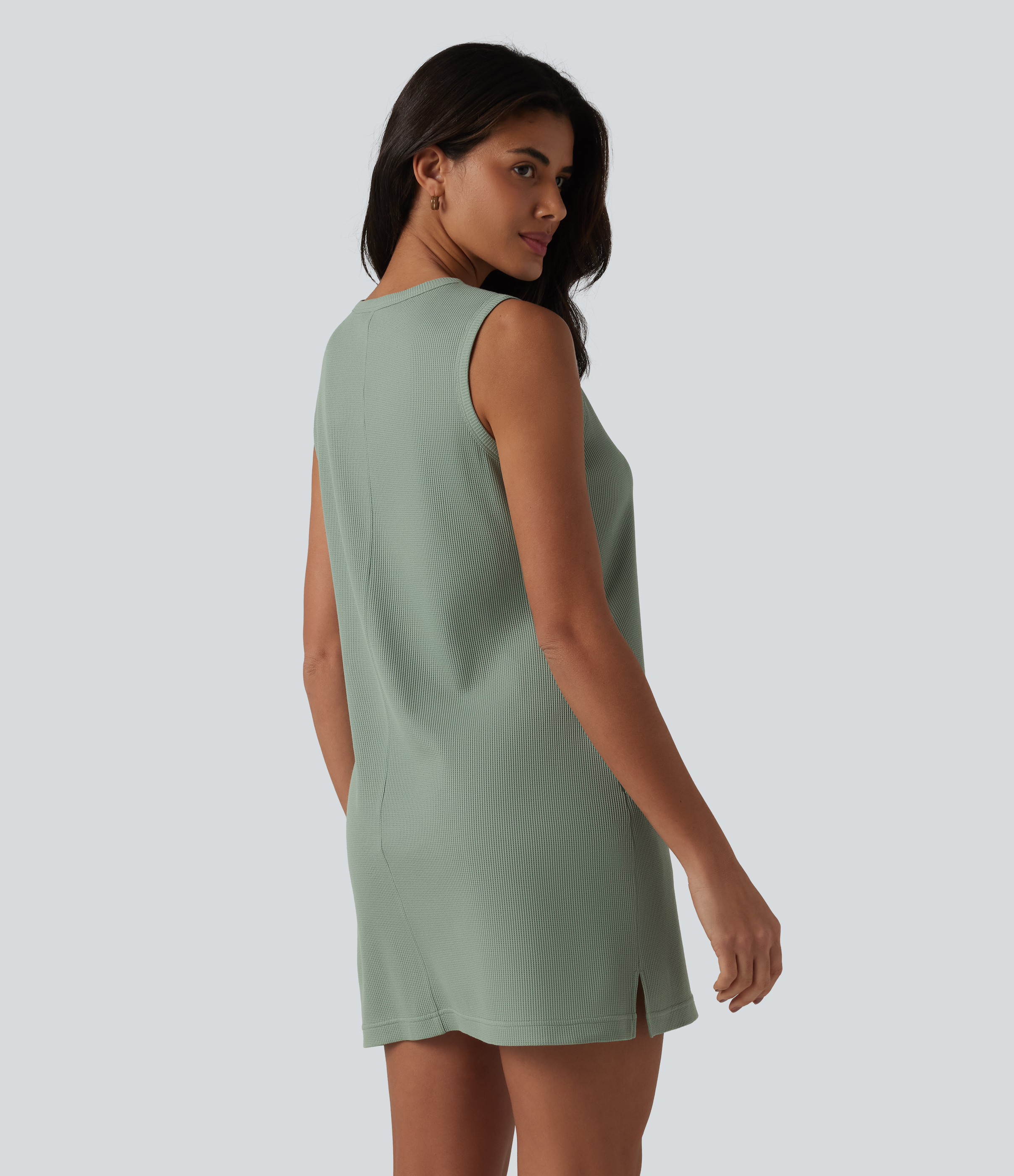 Chinois Green Round Neck Sleeveless Waffle Mini Cotton Dress with Pockets / 2